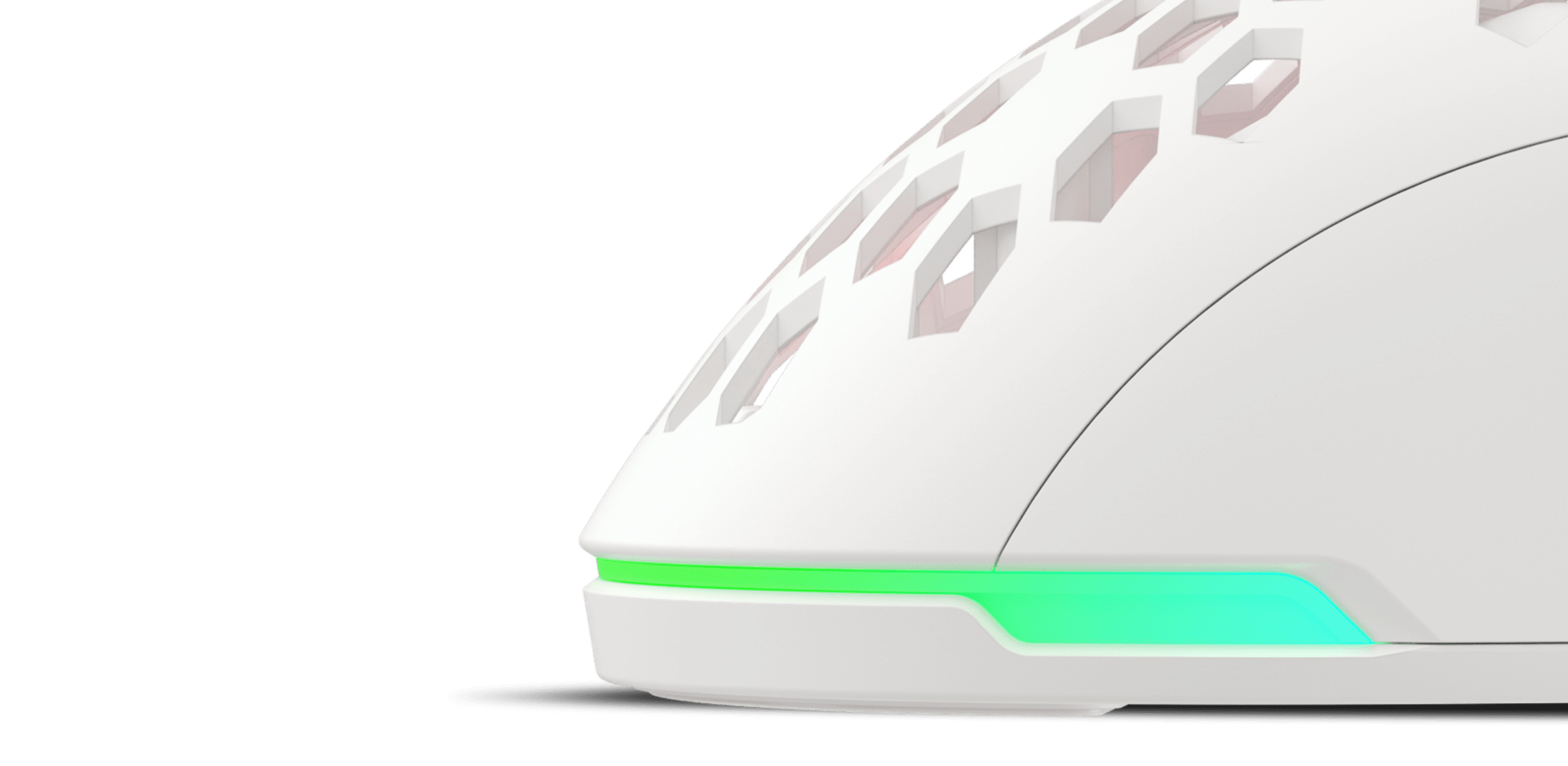 White gaming mouse with a honeycomb design and RGB lighting on the base, featuring an 8000 DPI sensor
