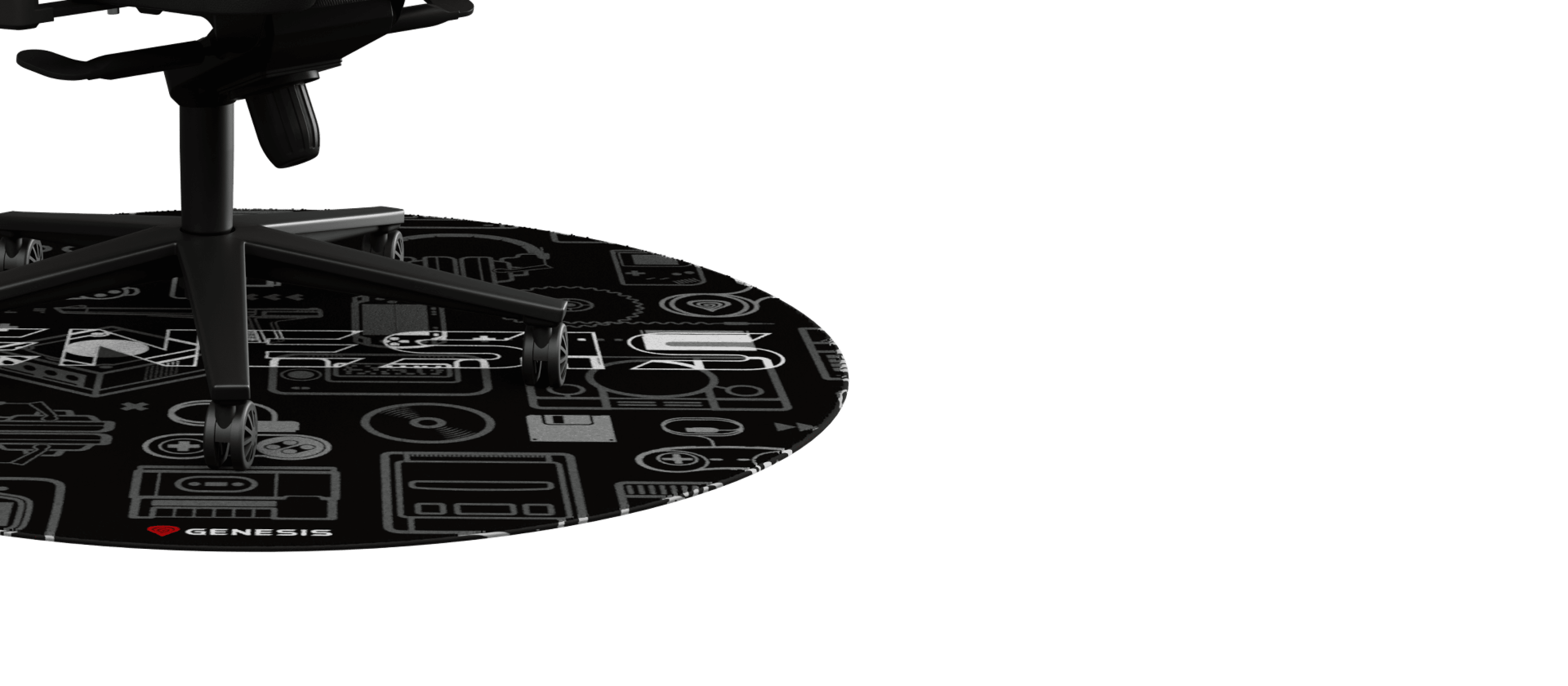 Round protective mat for chair with a black design featuring various icons, designed for Genesis Tellur 300 gear