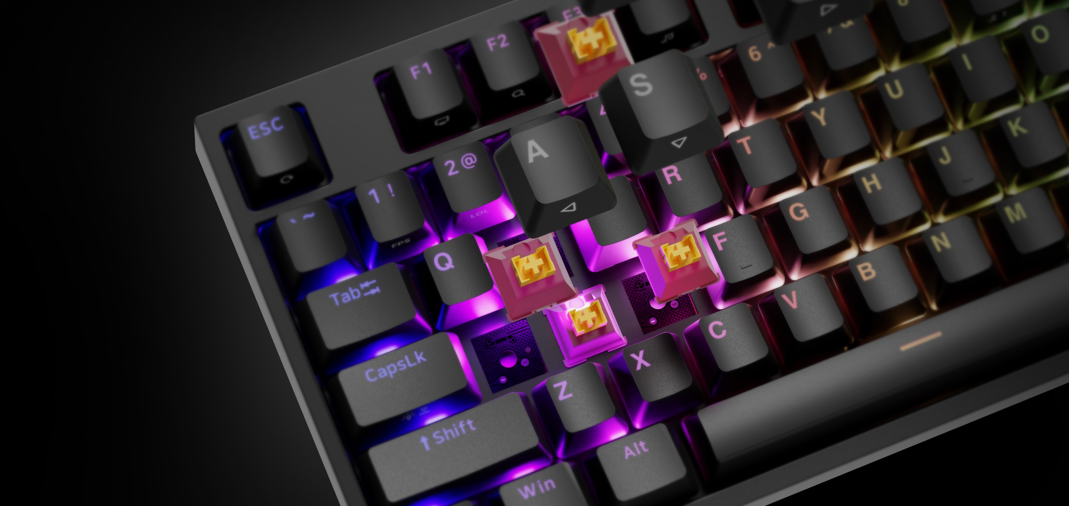 Gaming keyboard with RGB backlighting and Outemu Peach Silent mechanical switches, featuring colorful illuminated keys