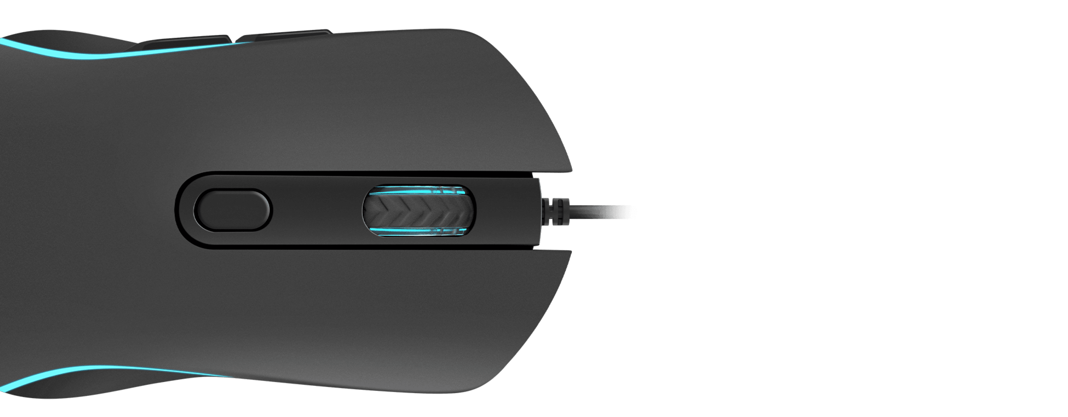 Gaming mouse with a connection cable and a scrolling wheel.