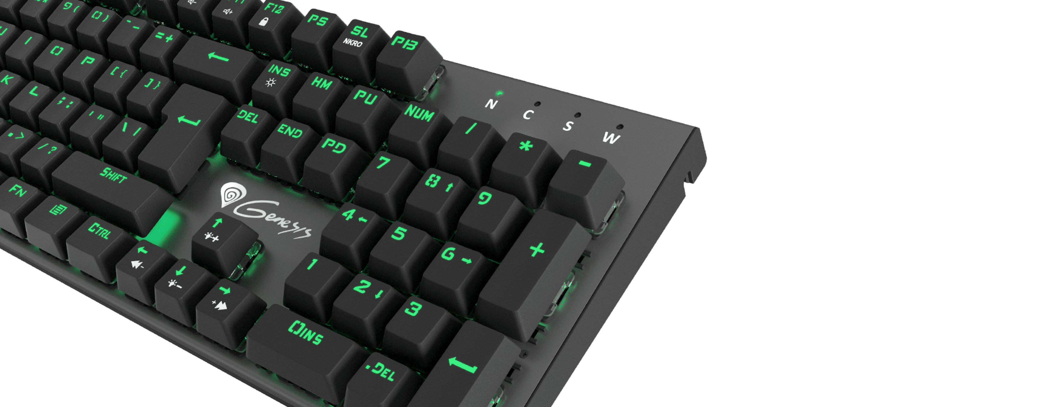 Keyboard with black keys and green backlighting showing some illuminated letters.