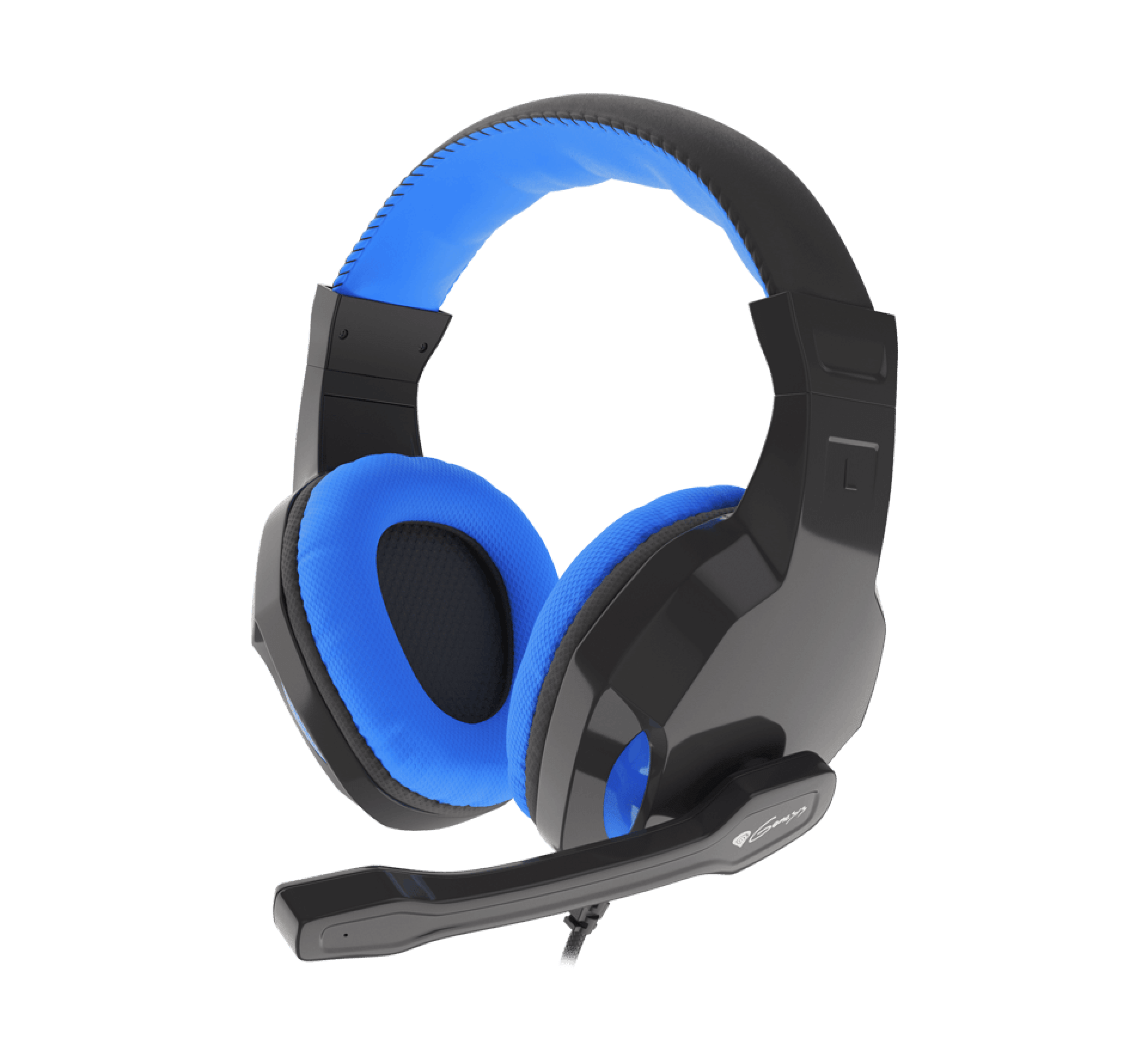 Black and blue over-ear headphones with a microphone, featuring cushioned ear pads and an adjustable design