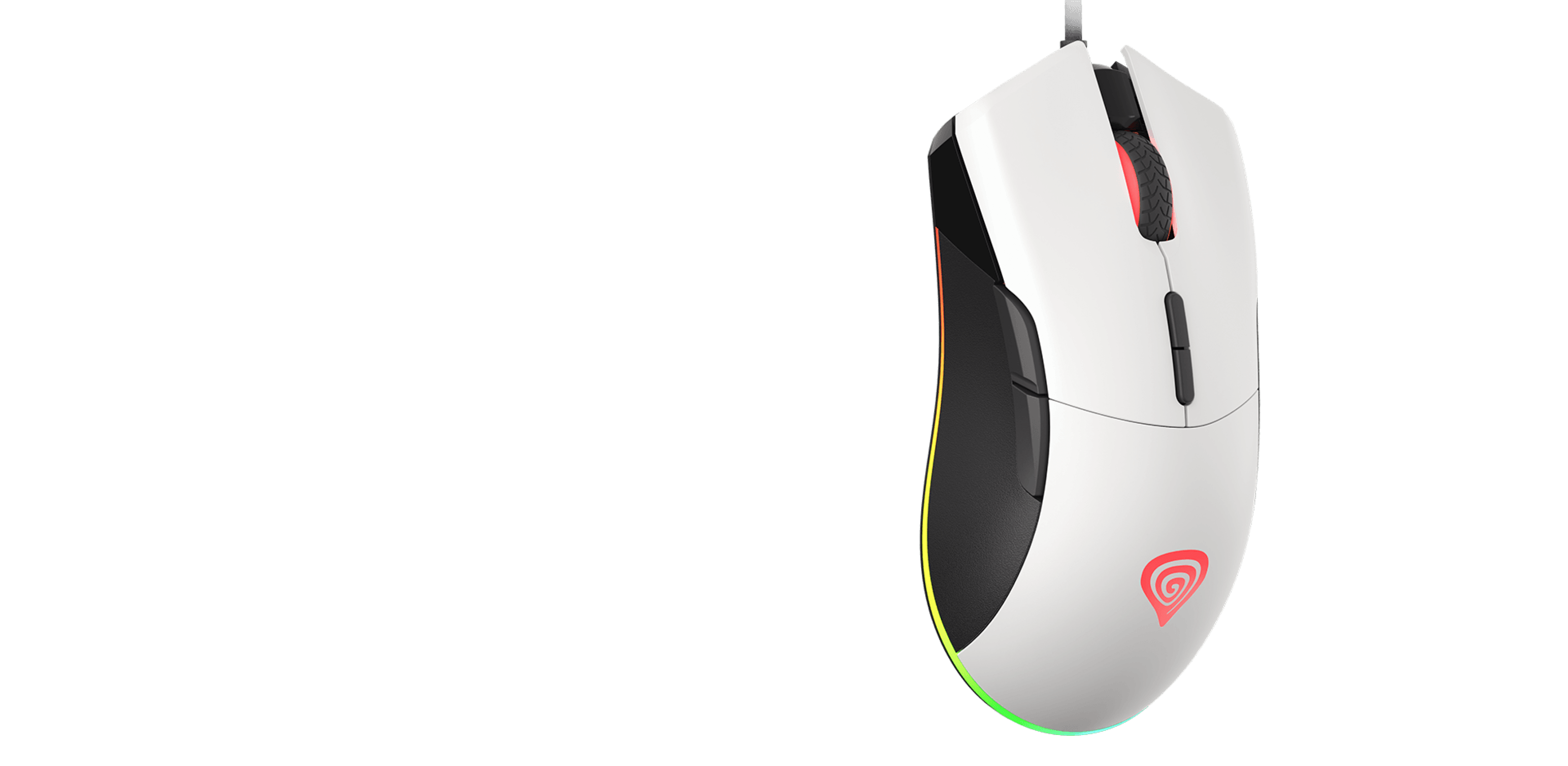 White gaming mouse with RGB lighting, 6400 DPI sensitivity, and programmable buttons. Features a sleek design with a red accent