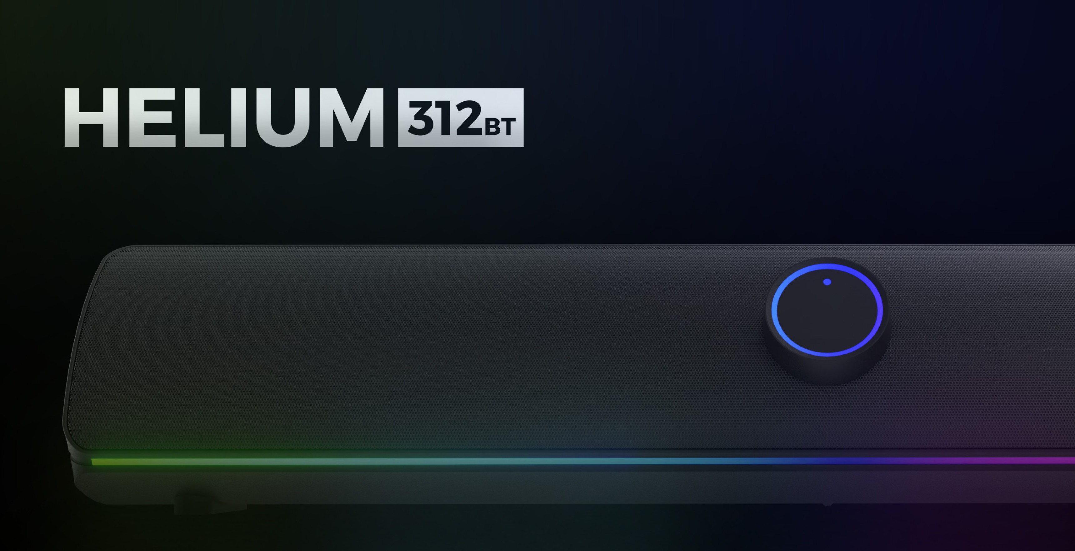 Black Bluetooth soundbar with a sleek design, featuring a central control knob and subtle LED lighting