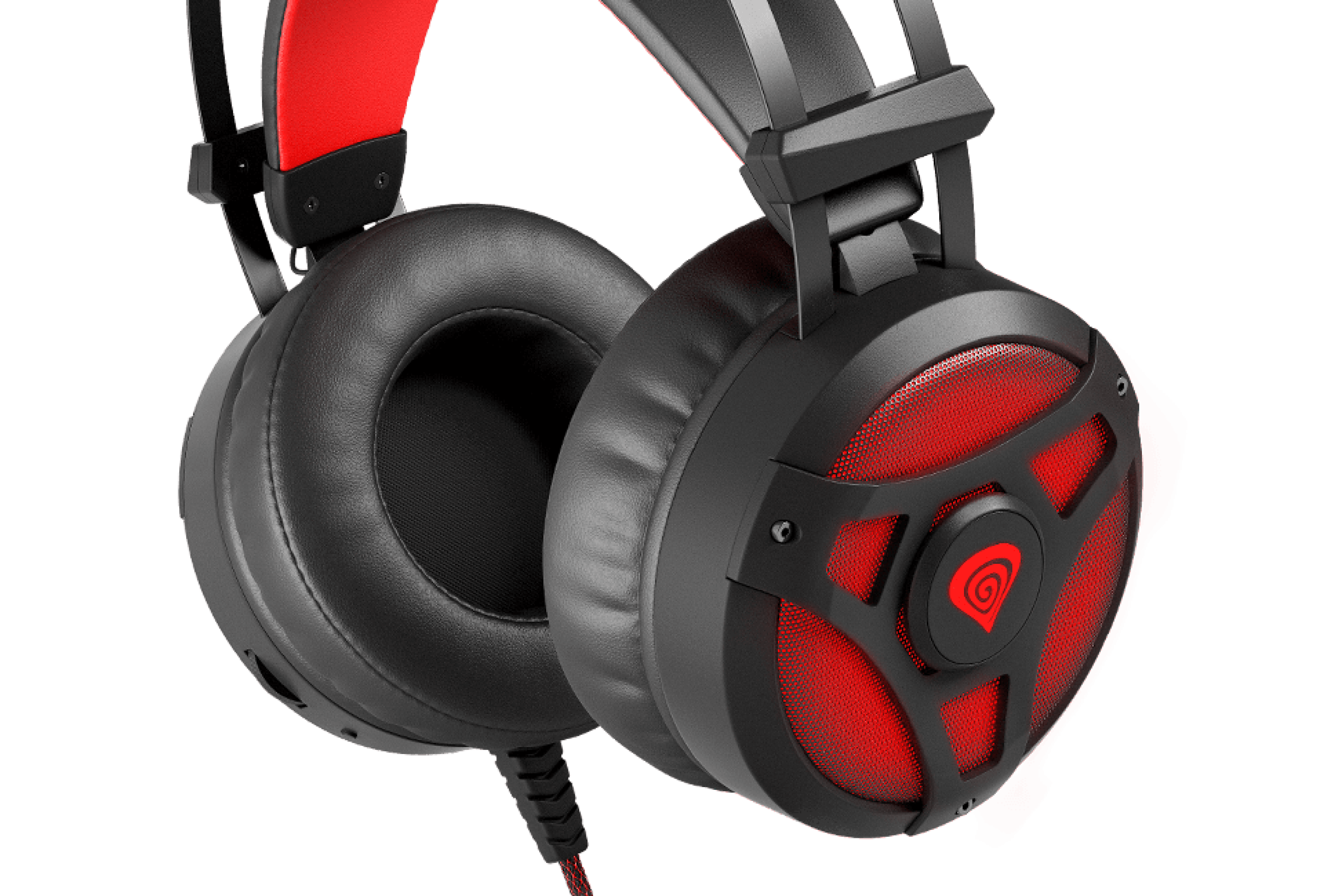 Black and red Genesis Neon 360 over-ear headphones with a microphone and illuminated design. Soft ear cushions for comfort