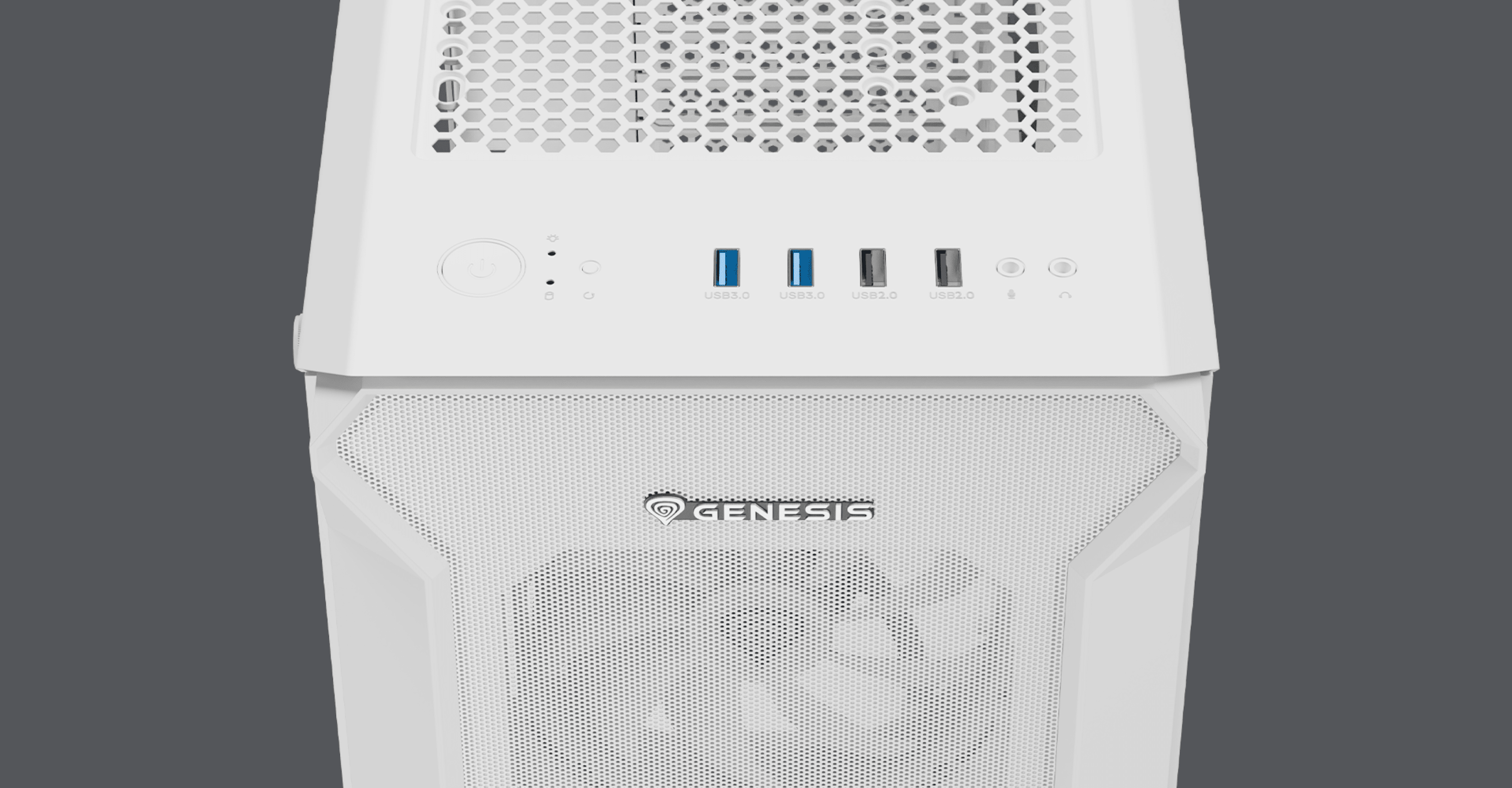 White Genesis Irid 505 ARGB V2 MIDI tower case with a mesh top and front panel, featuring USB ports and a power button