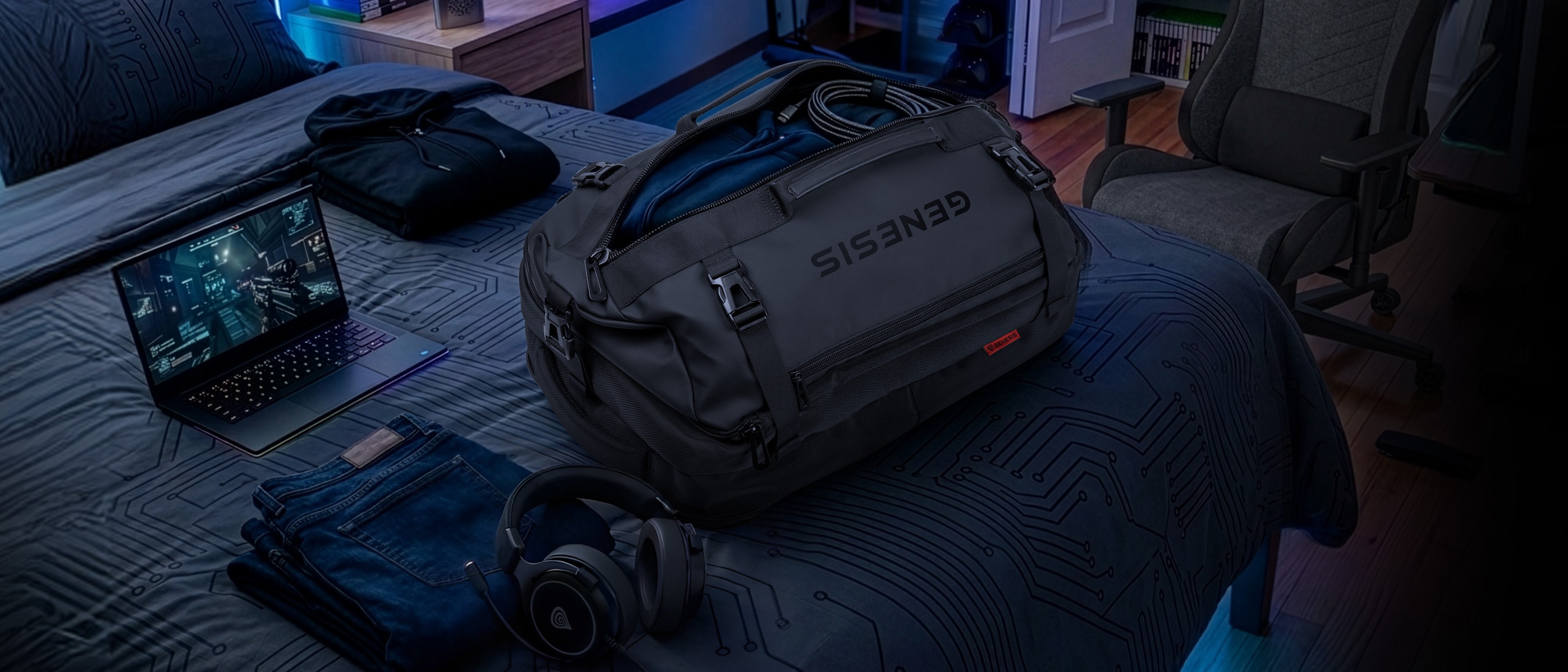A dark duffel bag on a bed with a laptop, jeans, and headphones nearby.