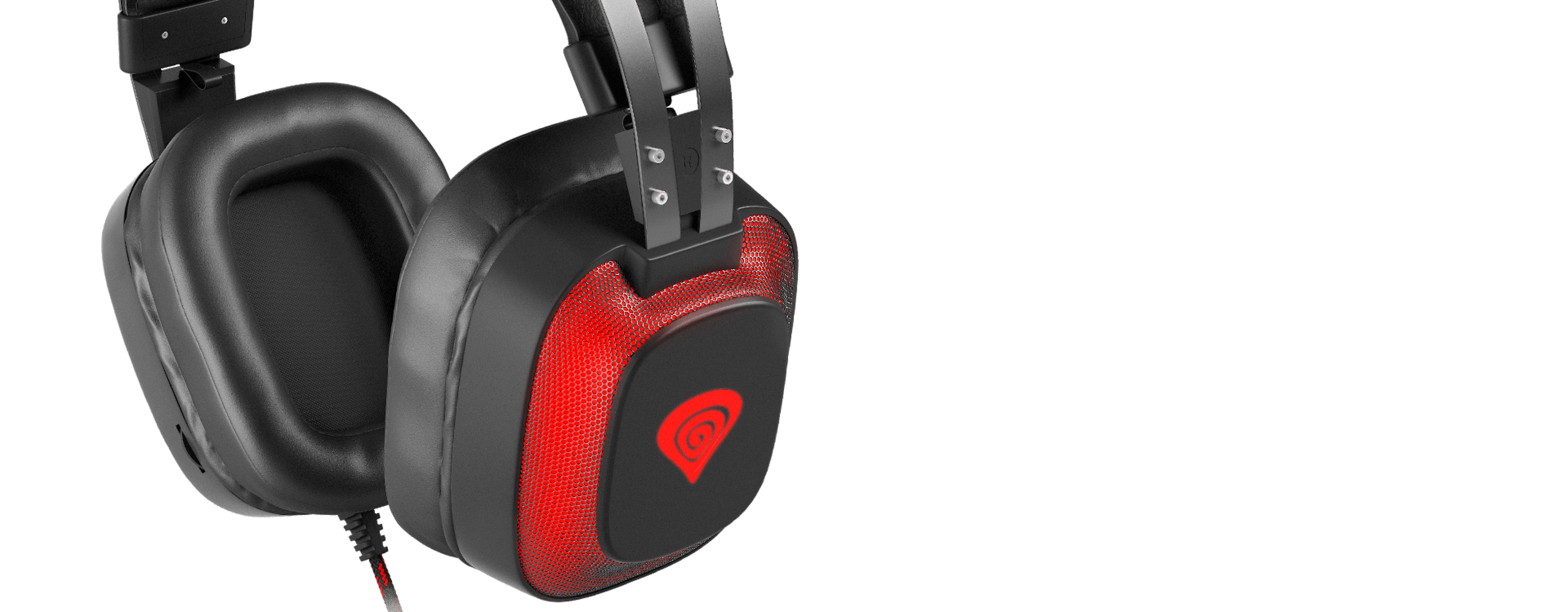 Black and red Genesis Radon 720 7.1 gaming headphones with a microphone and USB connection, featuring a stylish design