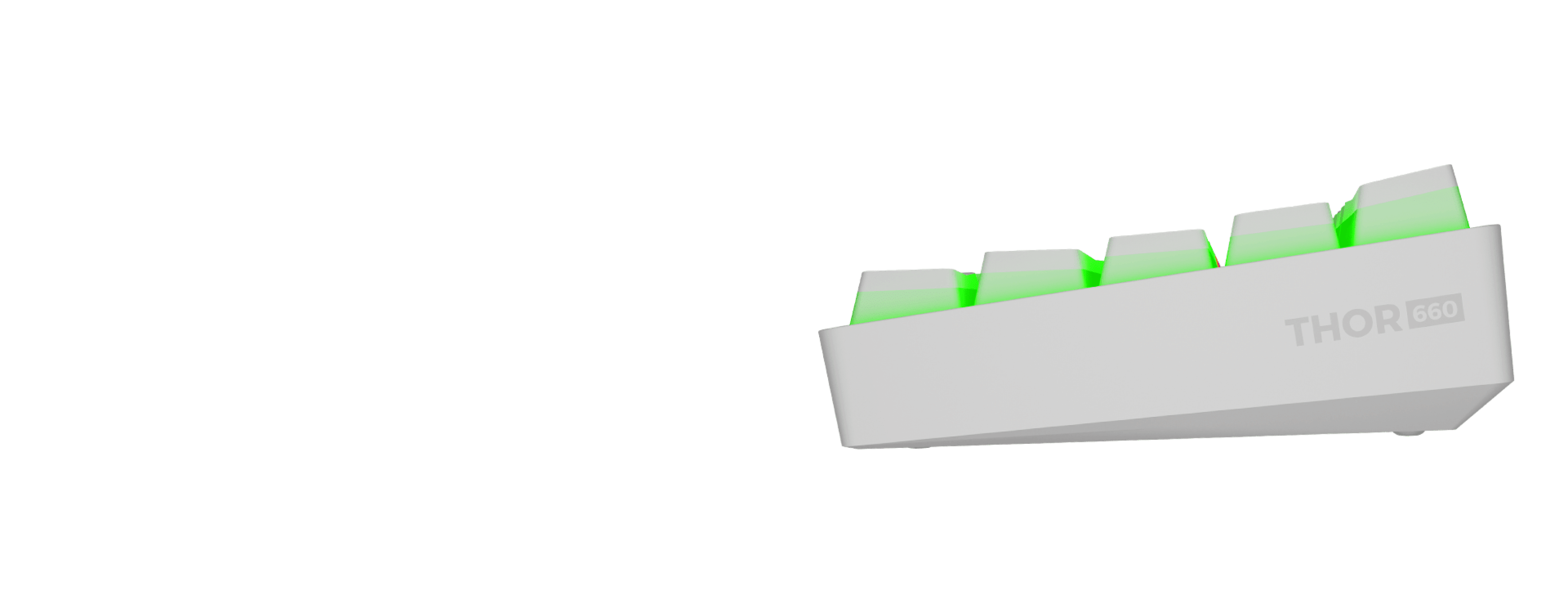White keyboard keycaps with green backlighting on a minimalistic background.