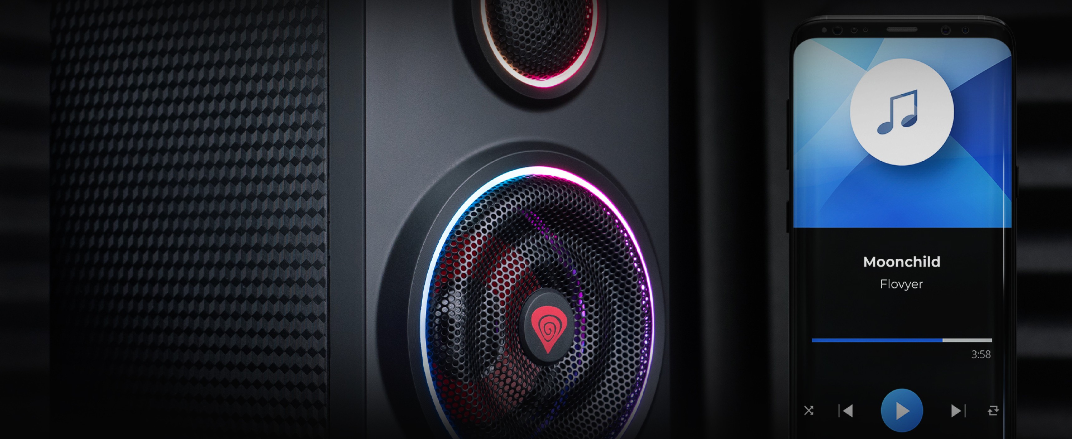 Genesis Helium 300BT Bluetooth speakers with ARGB lighting, showcasing a vibrant speaker design and a connected smartphone display