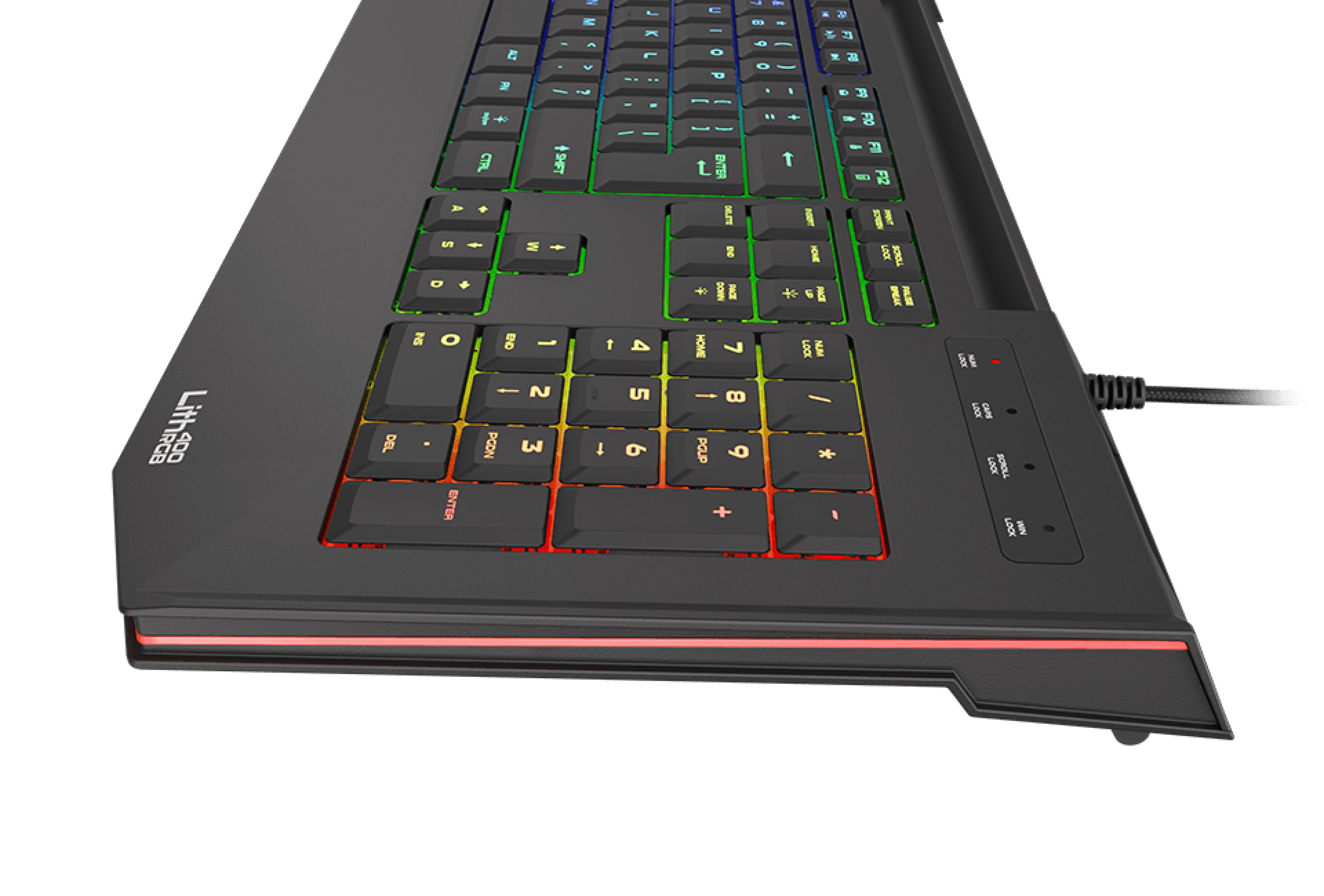 Slim RGB gaming keyboard with X-Scissor switches, featuring multicolored backlighting and a sleek design