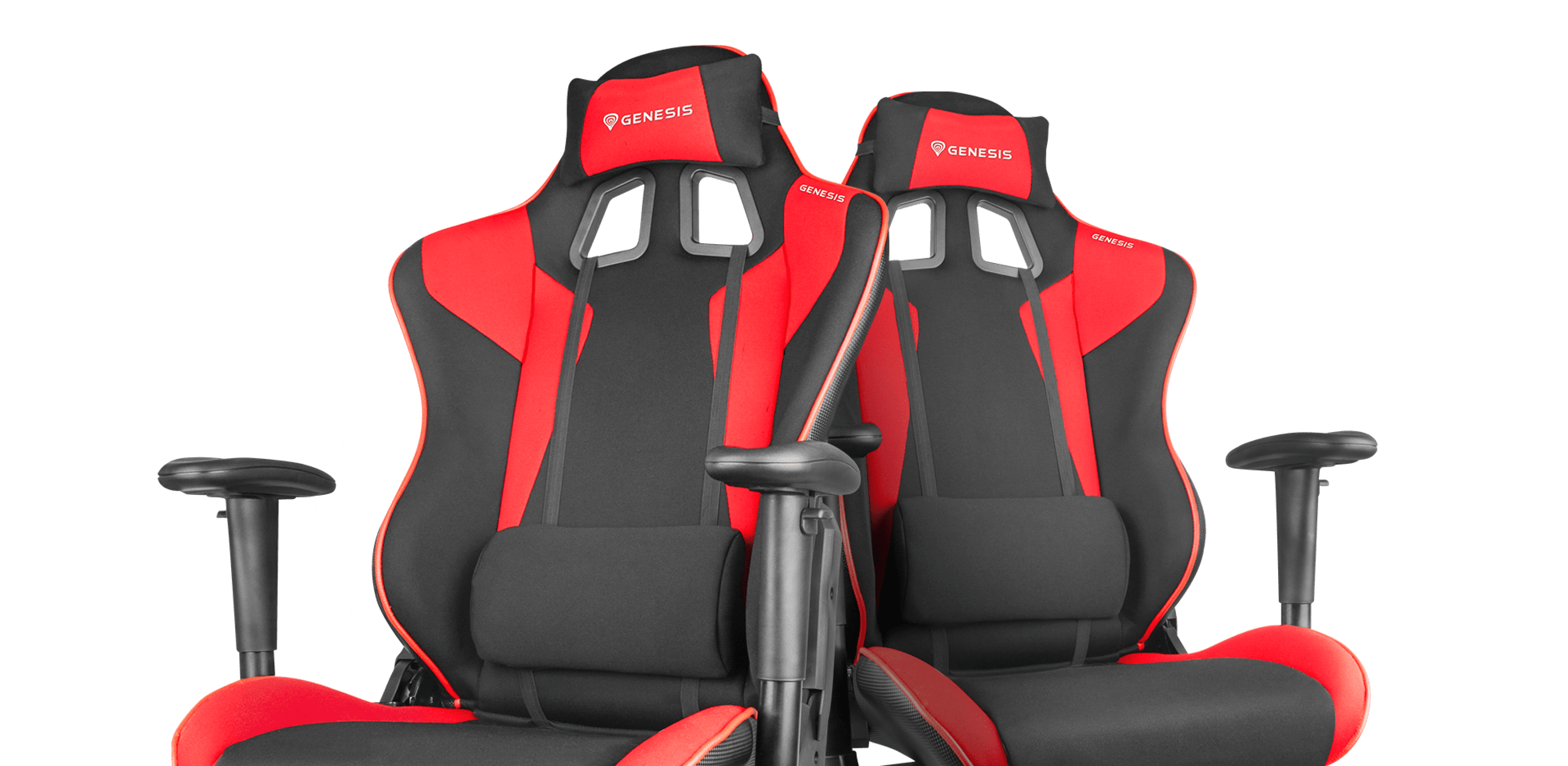 Dual Genesis Nitro 770 gaming chairs in black and red, featuring ergonomic design and adjustable armrests