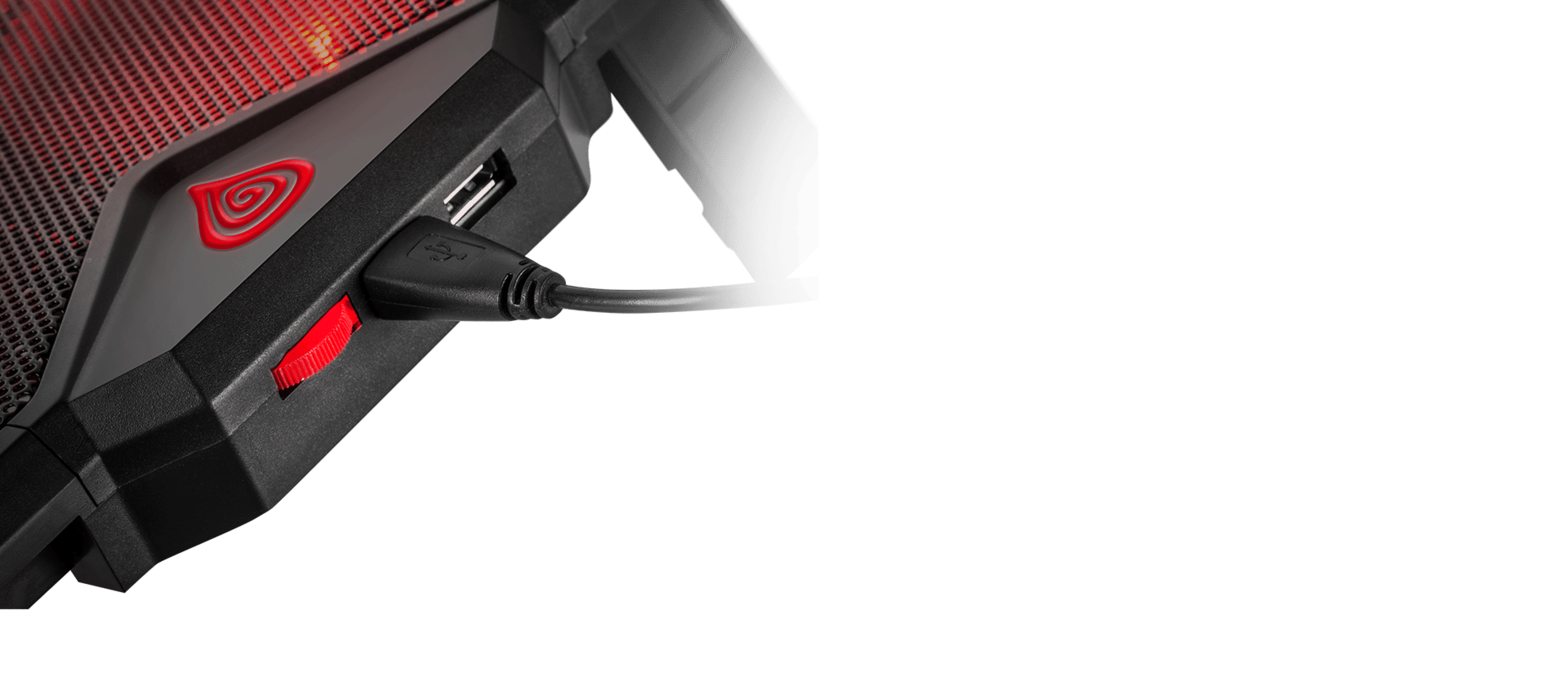 Device with a red switch and a connection cable at the back side.