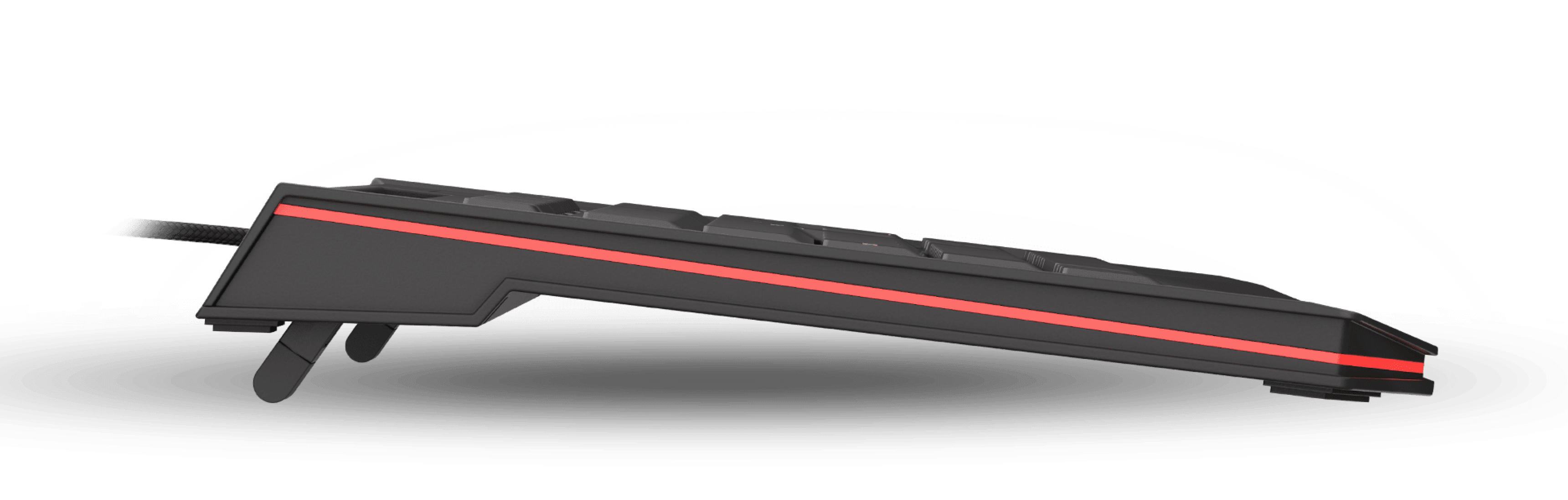 Slim gaming keyboard with RGB lighting, featuring X-scissor switches and a sleek design. Side profile view showcases its low height