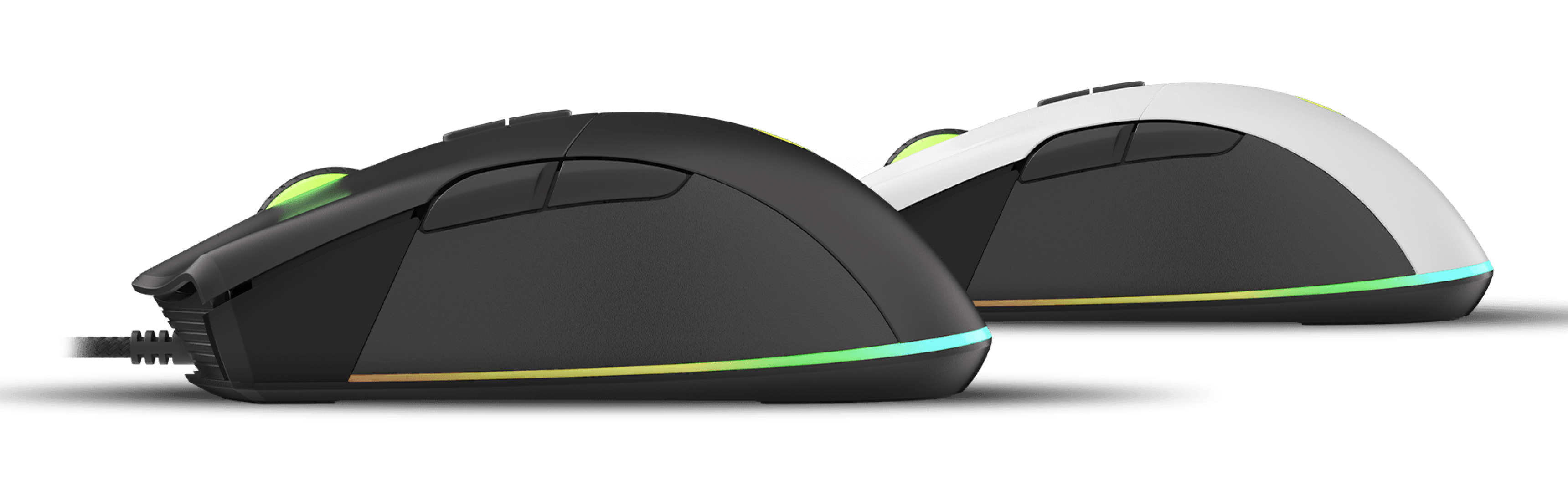 Two gaming mice: one black with RGB lighting and one white, both designed for programmable features and precision
