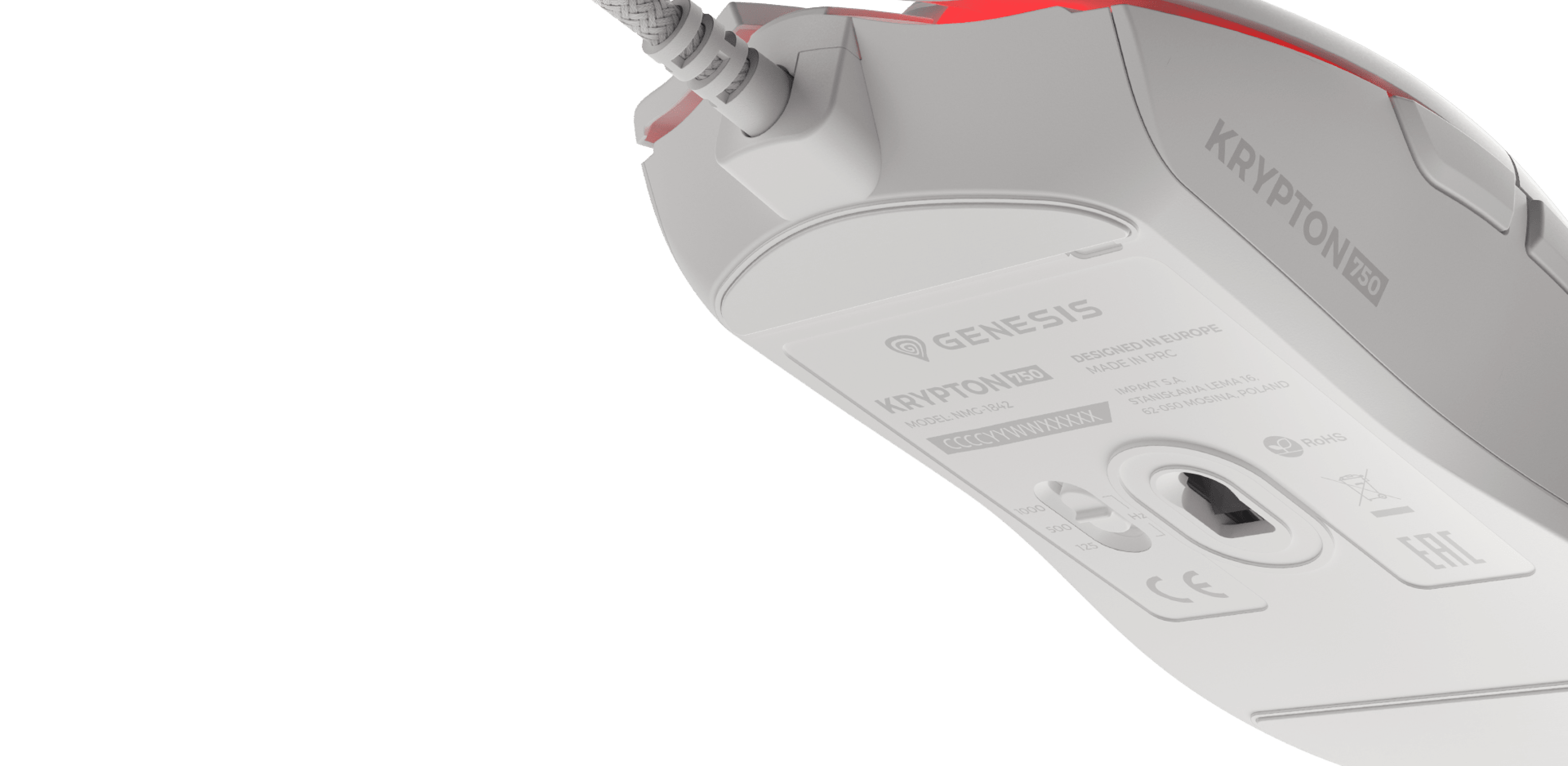 Gaming mouse Genesis Krypton 750 with an 8000 DPI sensor, featuring RGB lighting and a sleek white design