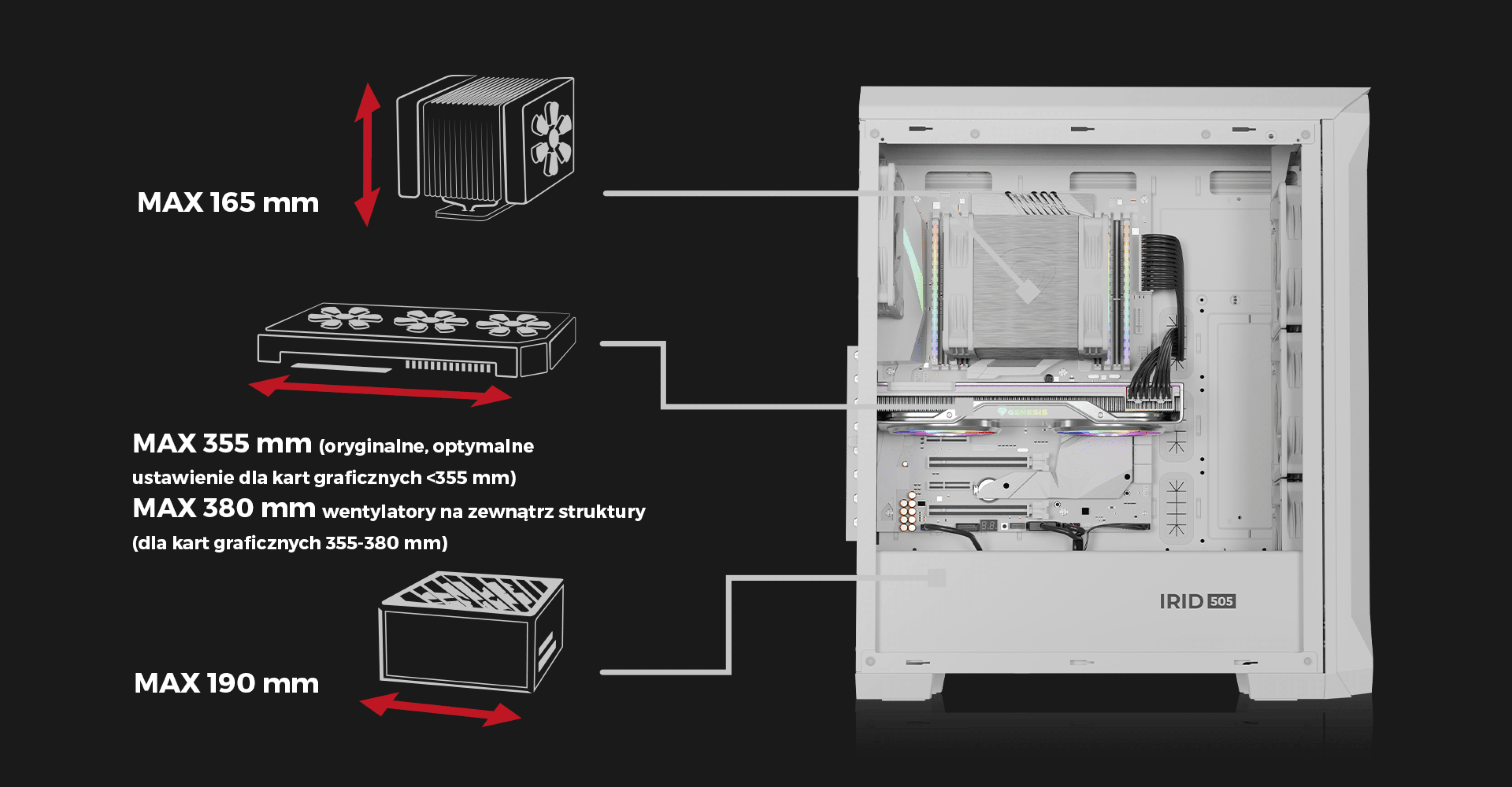 White Genesis IRID 505 ARGB V2 MIDI tower case with transparency, showing maximum component size limits for graphics cards, CPU coolers, and power supply