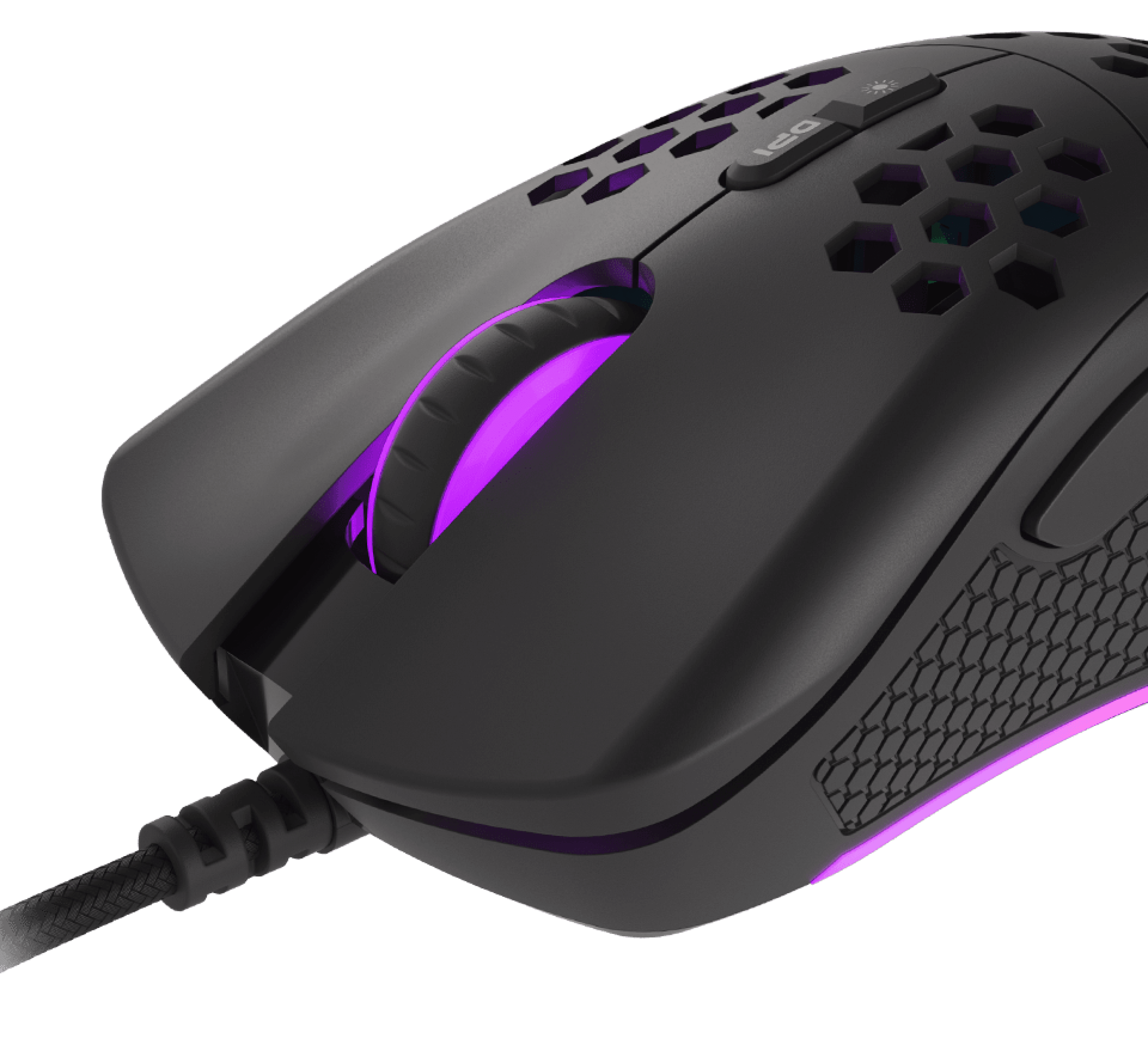 Black gaming mouse with RGB lighting, featuring a honeycomb design, programmable buttons, and a high-precision scroll wheel