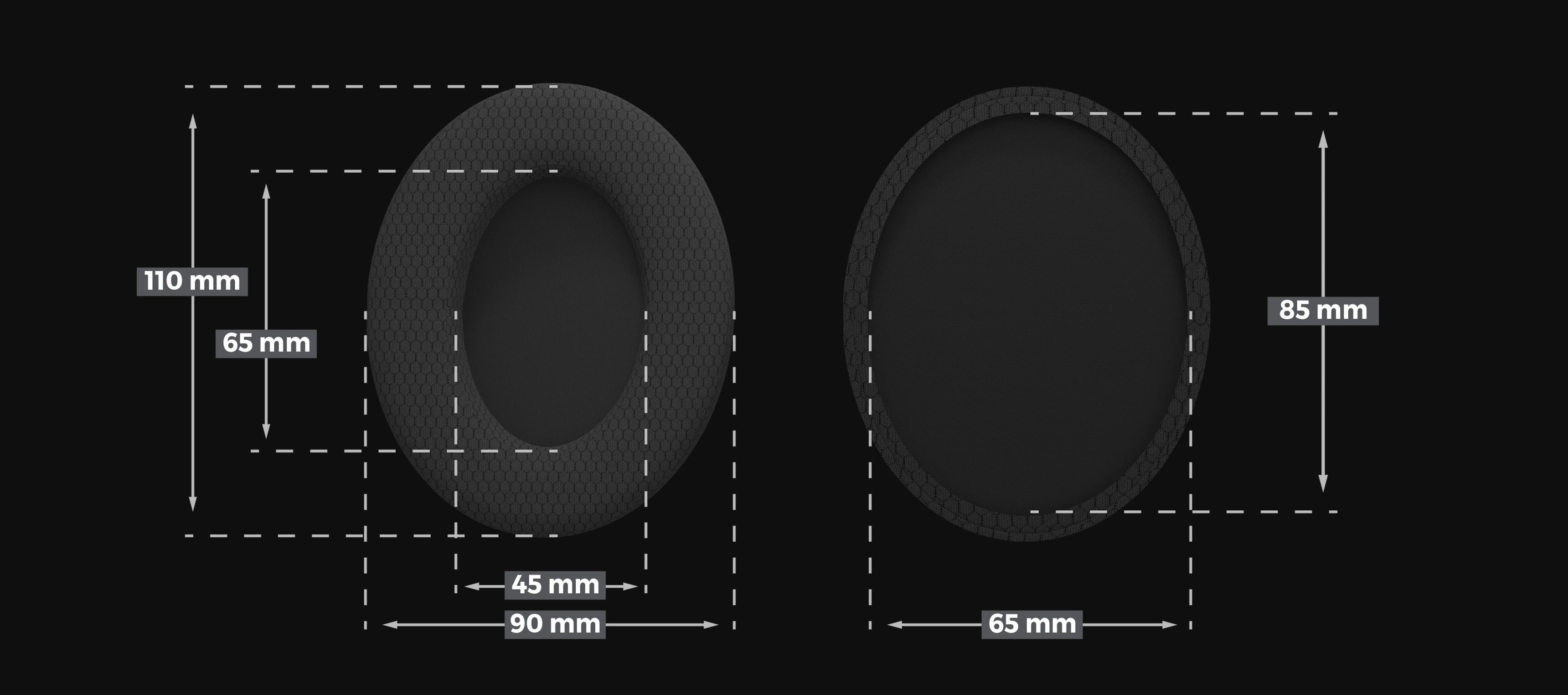 Textile ear cushions for Genesis Toron EP02 headphones, featuring detailed dimensions and a sleek design