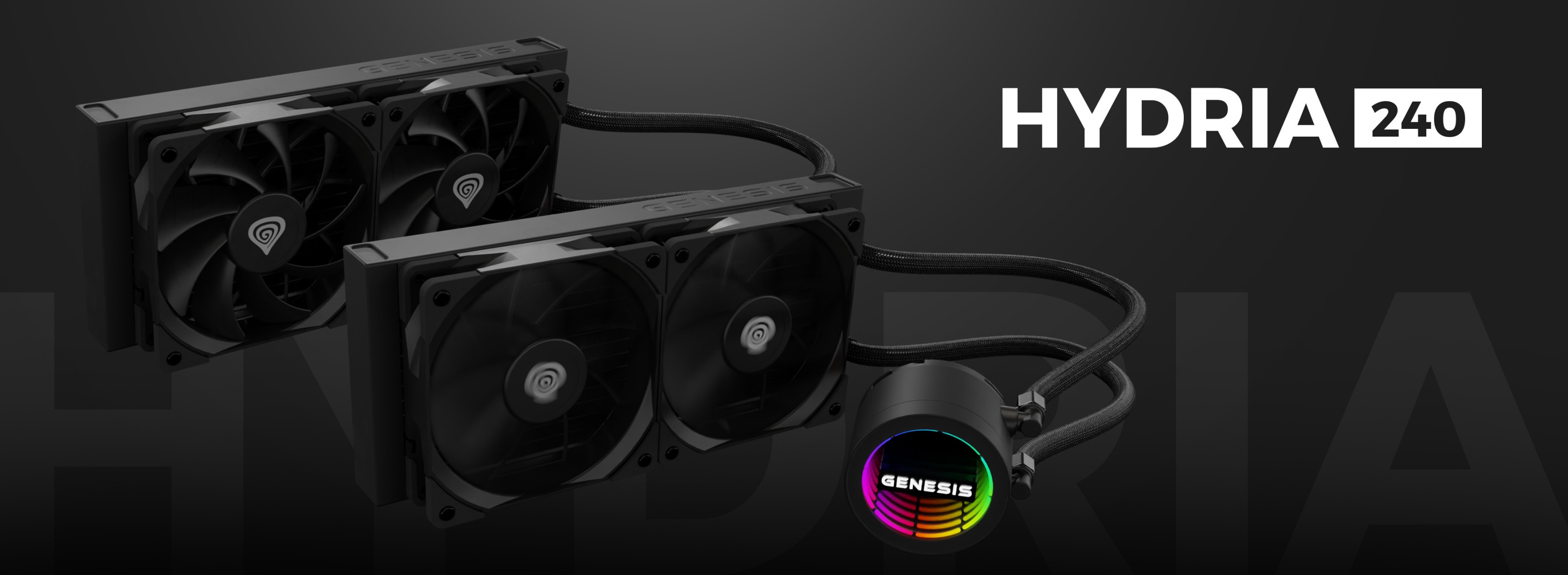 Black Genesis Hydria 240 water cooling system featuring dual fans and an RGB pump for enhanced aesthetics and performance