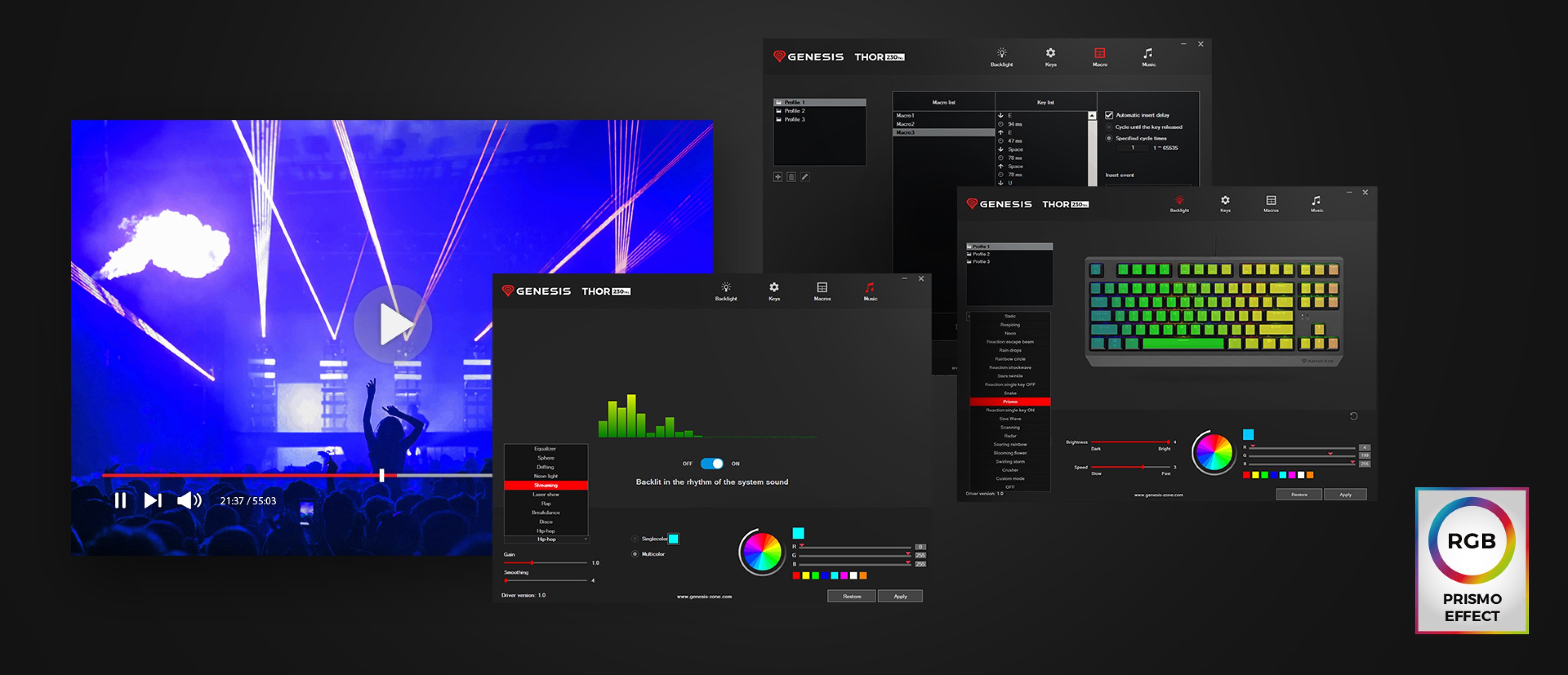 A keyboard software interface displaying RGB customization options and profiles for the Genesis Thor 230 TKL mechanical keyboard