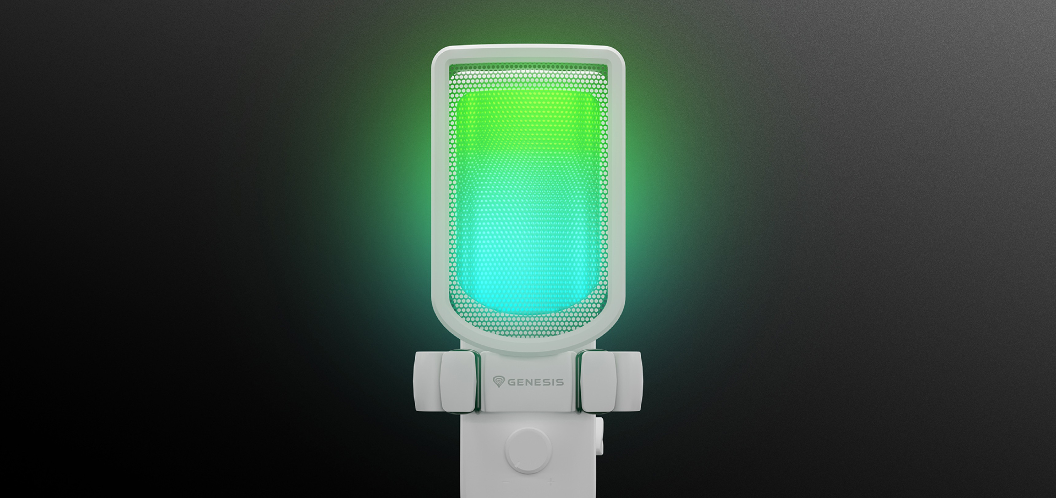 White USB microphone with a vibrant green and blue glow, mounted on a stand against a dark background