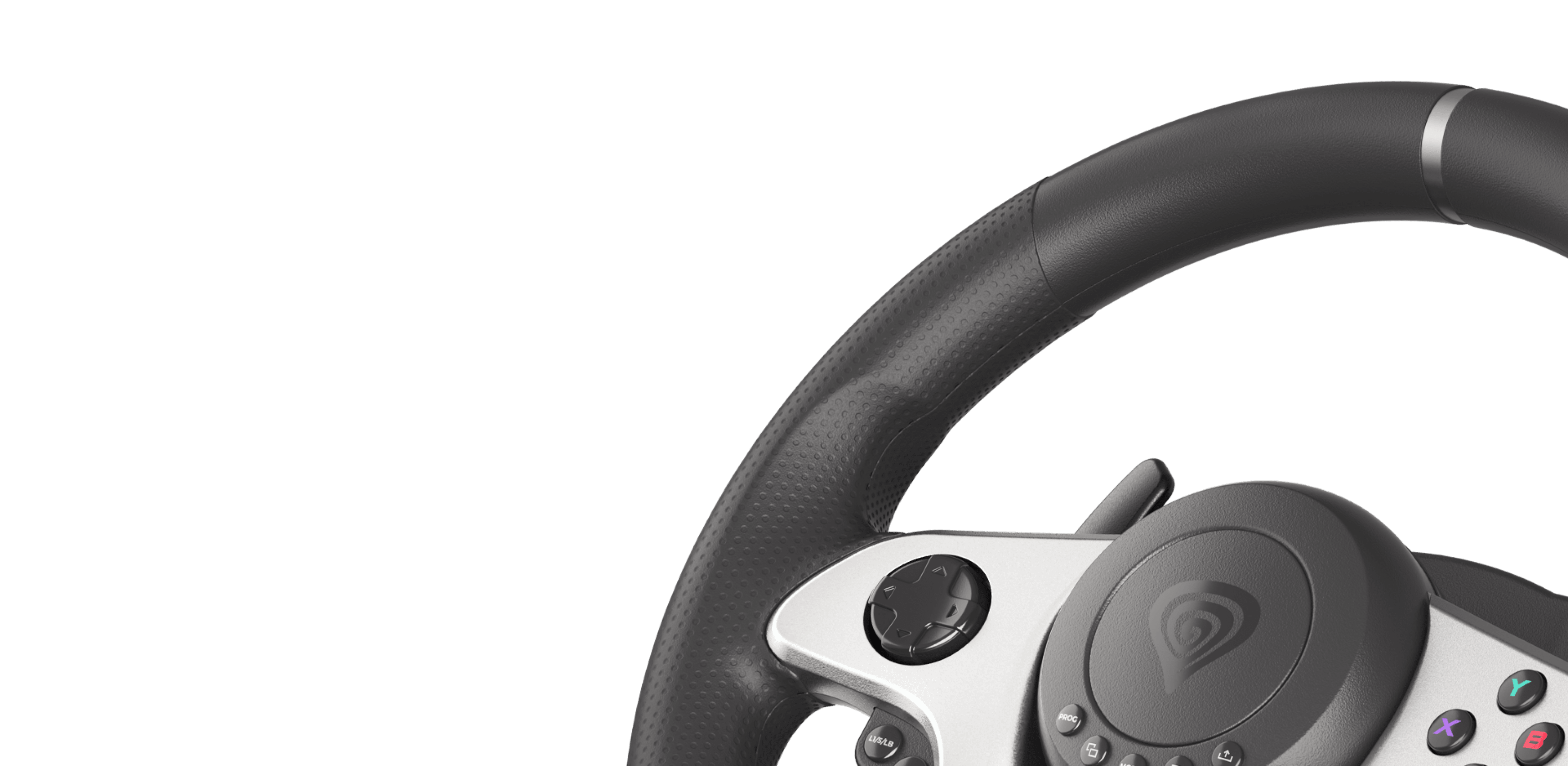 Racing wheel for PC and consoles featuring a textured grip and buttons for enhanced gaming control