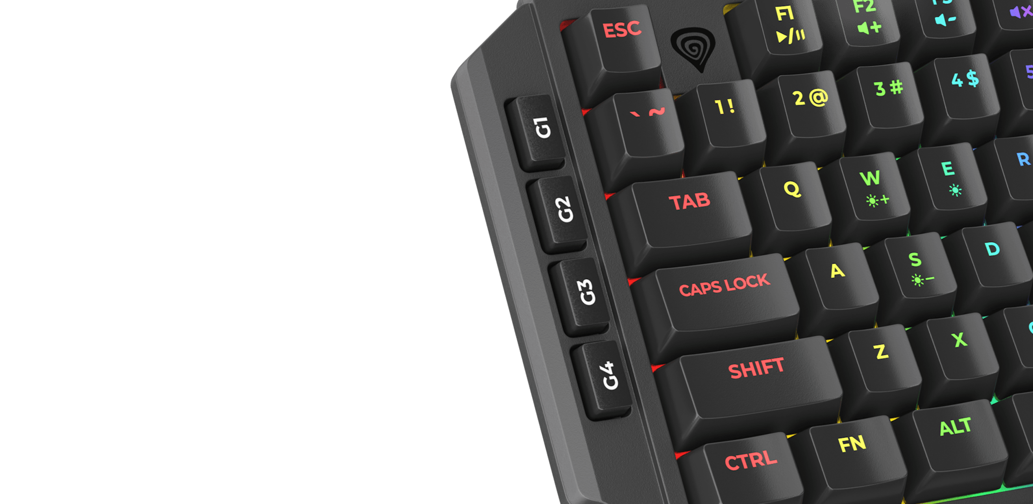 A close-up view of a keyboard showing colorful keys and customizable function buttons.