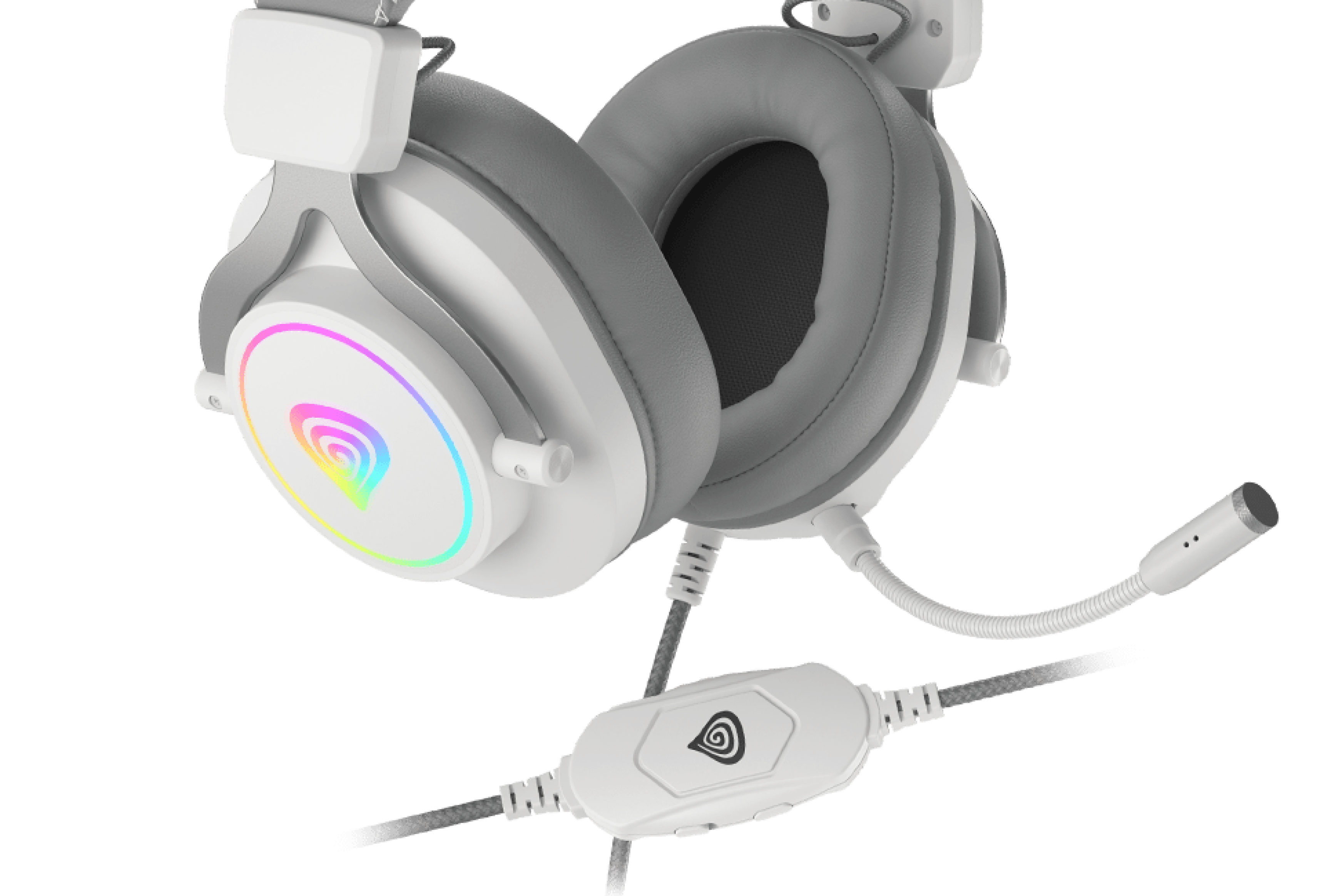 Headphones with a flexible microphone and glowing logo on the ear cup.