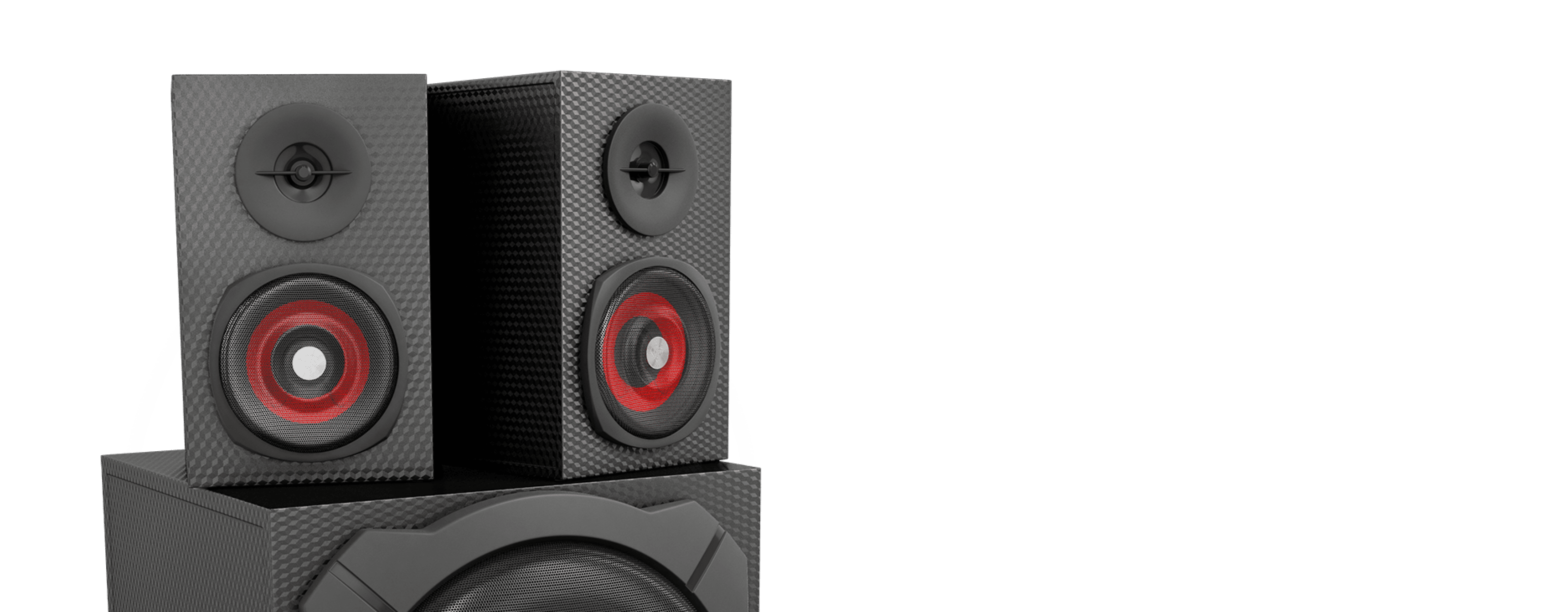 Two tall black speakers with red accents atop a larger black subwoofer.