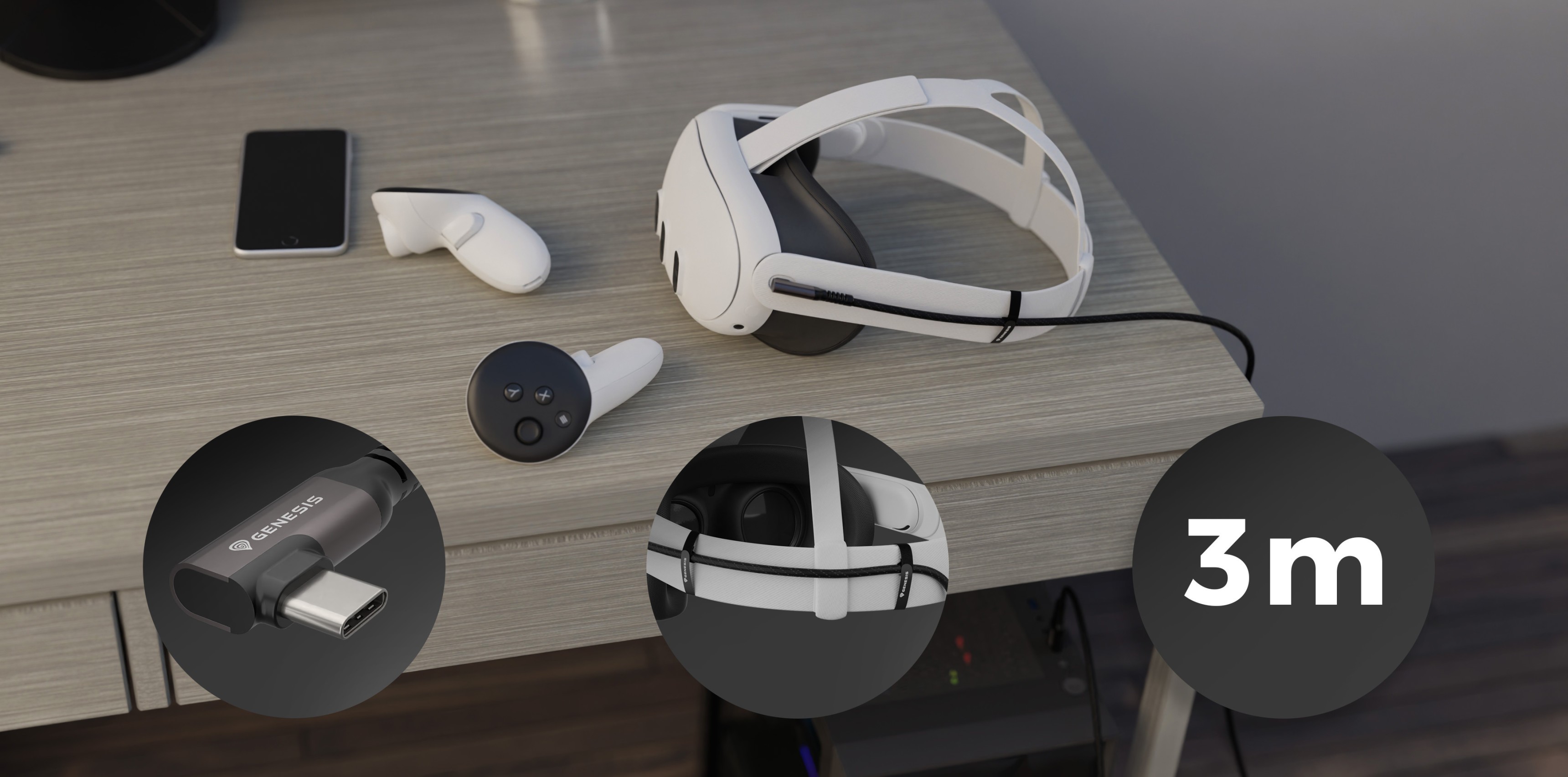 USB-C cable (3m, 10GB/s, PD 60W) displayed on a desk with VR headset, wireless earbuds, and remote control