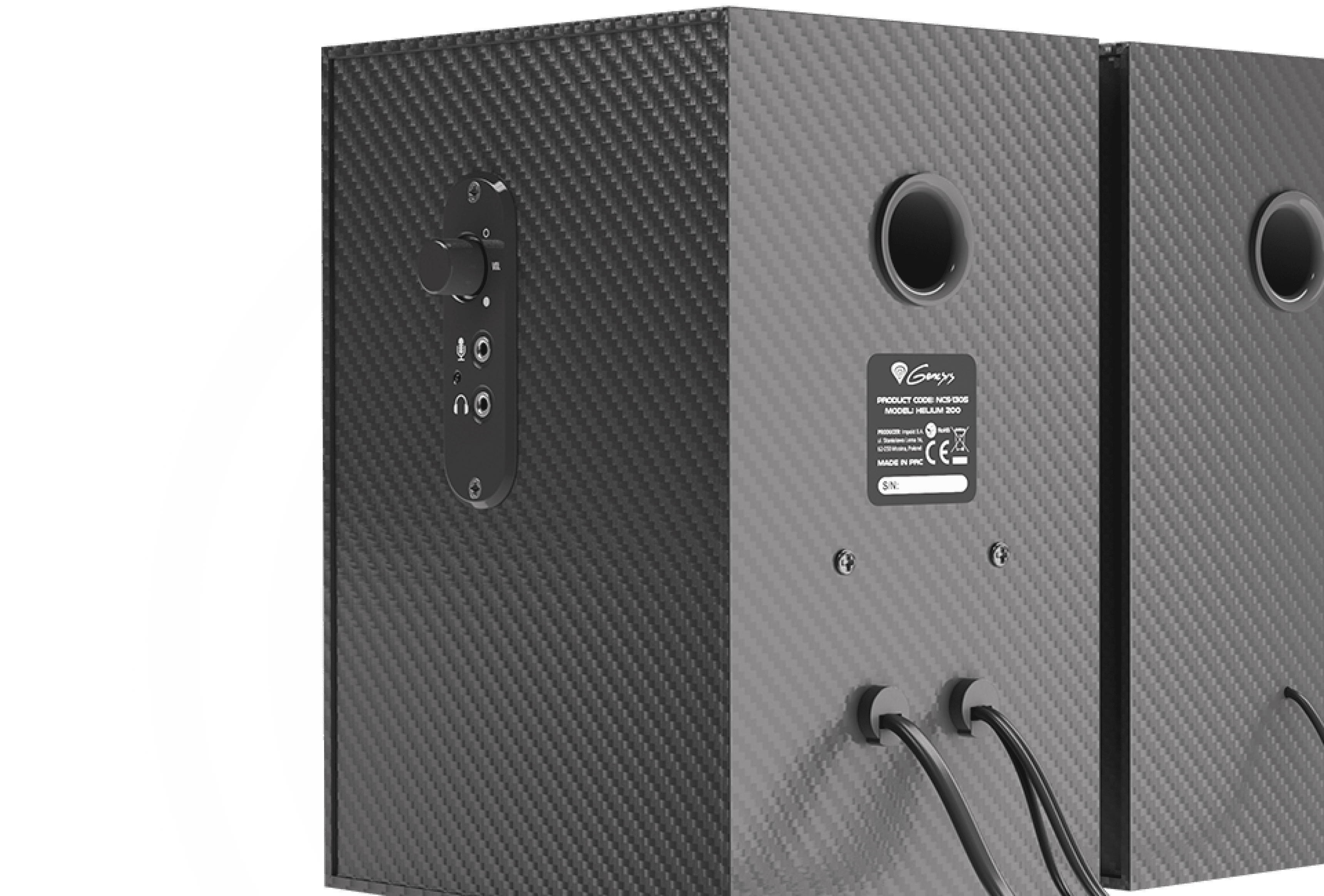 Black Genesis Helium 200 2.0 speakers showcasing a textured finish, control panel, and rear connections