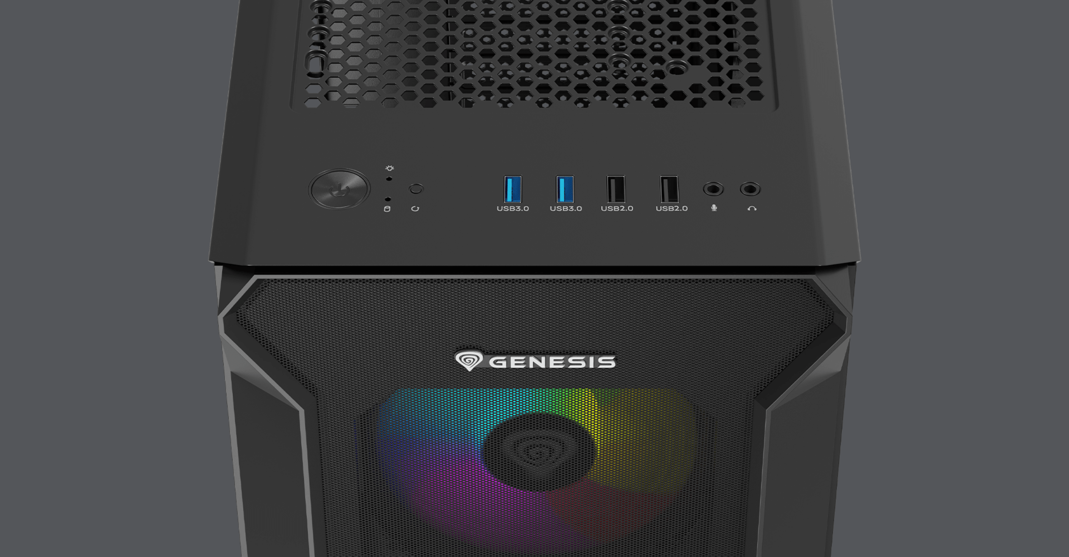 Black Genesis Irid 505 ARGB V2 MIDI tower case with a transparent front panel and RGB lighting. Features USB ports and a power button on top
