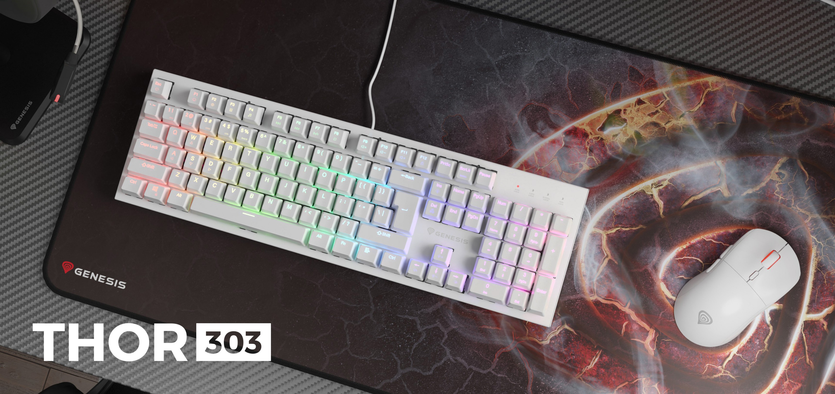 White RGB mechanical gaming keyboard with brown switches and a hot-swappable design, placed on a gaming mouse pad with a dynamic graphic
