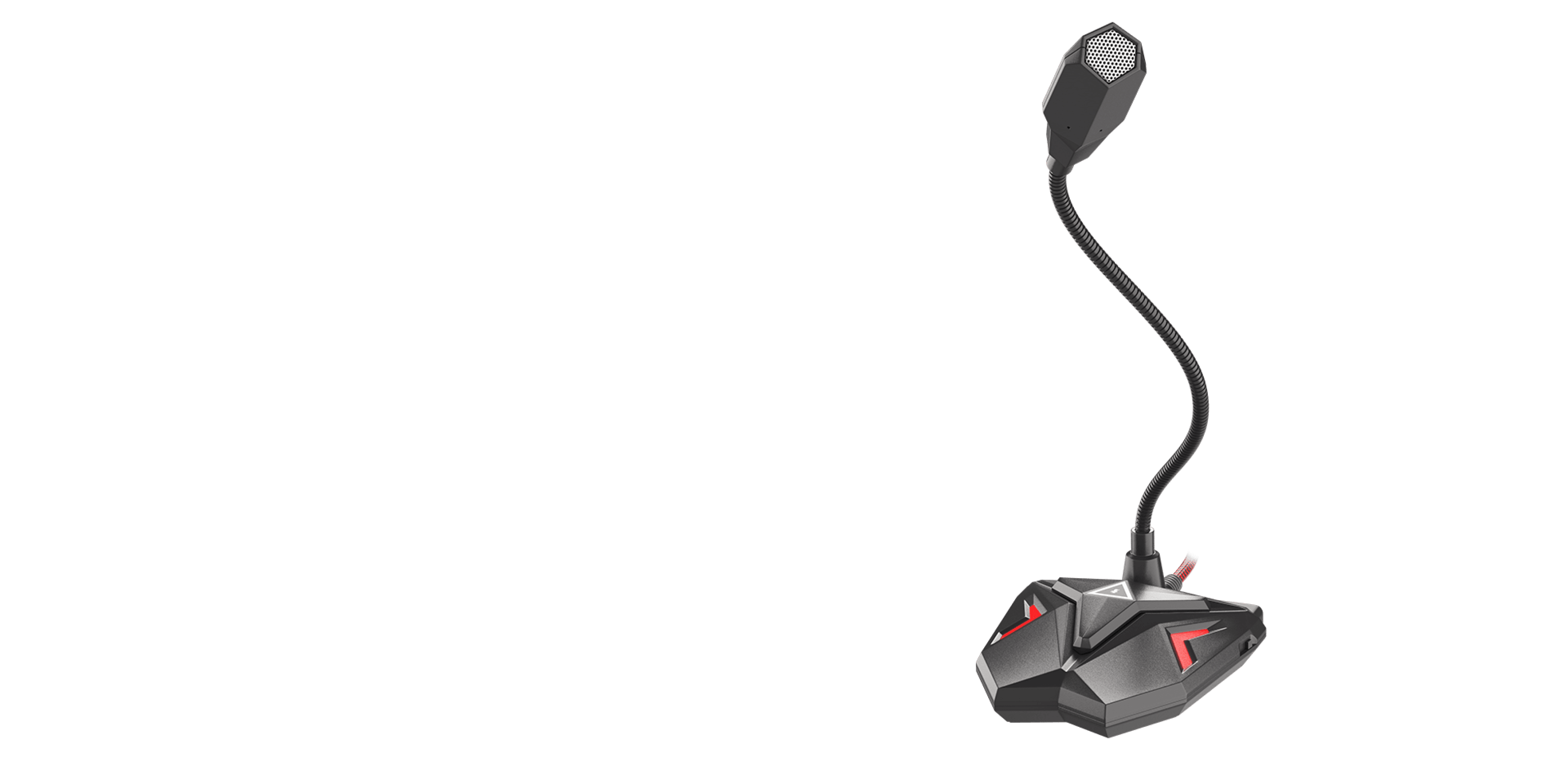 Black microphone with a flexible neck and a base featuring red accents, designed for gaming or streaming
