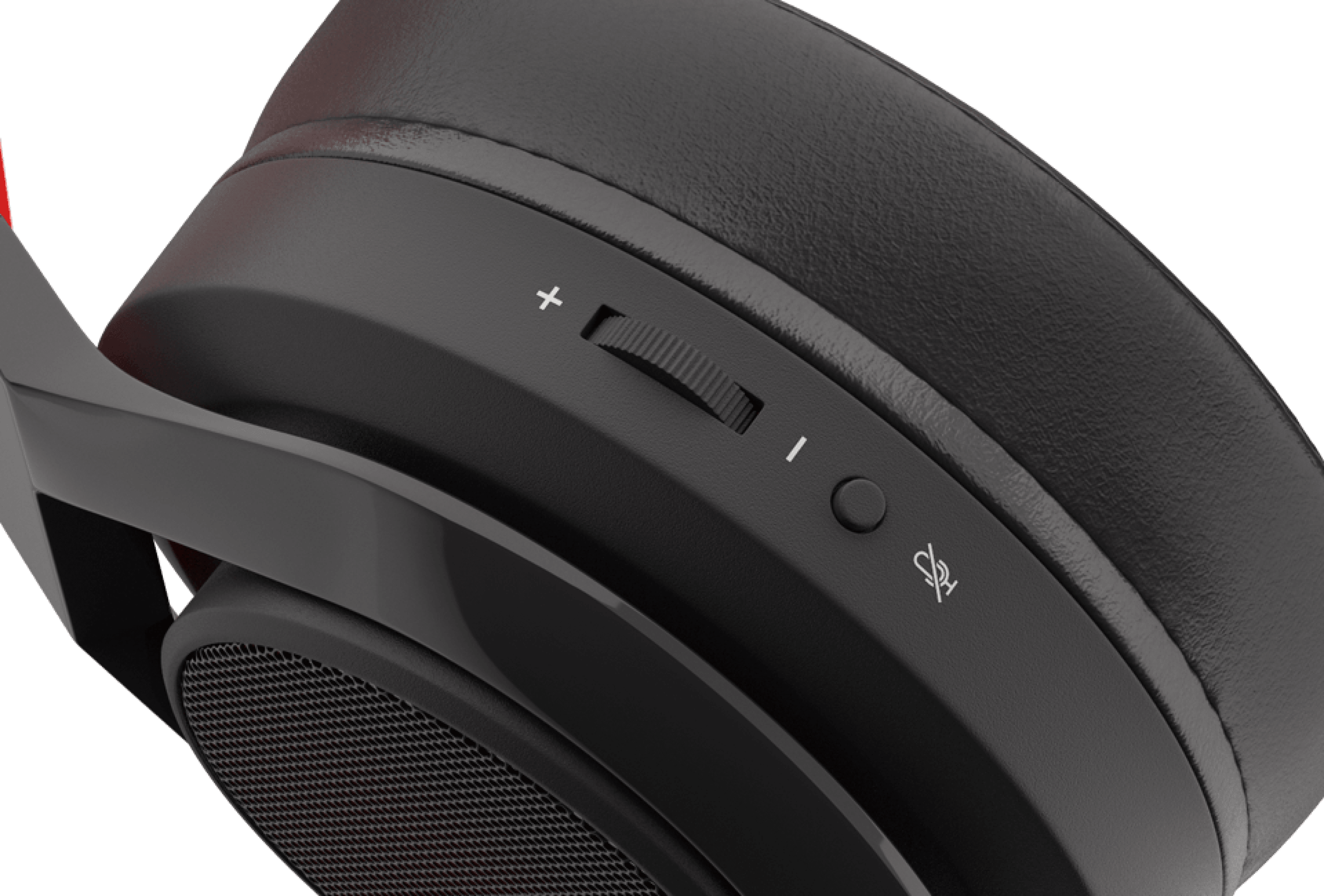 Close-up of black and red Genesis Radon 610 gaming headphones, showing volume control and mute button on the ear cup