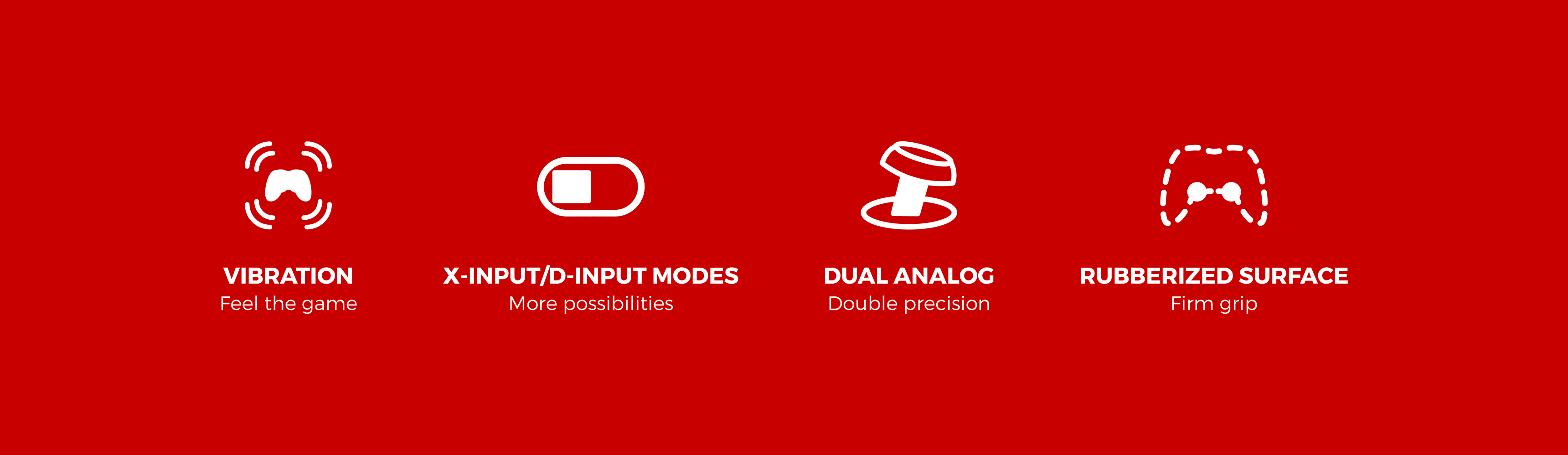 Features of the Genesis Mangan P58 wired gamepad for PS3/PC: vibration feedback, X-input/D-input modes, dual analog precision, and rubberized surface for grip