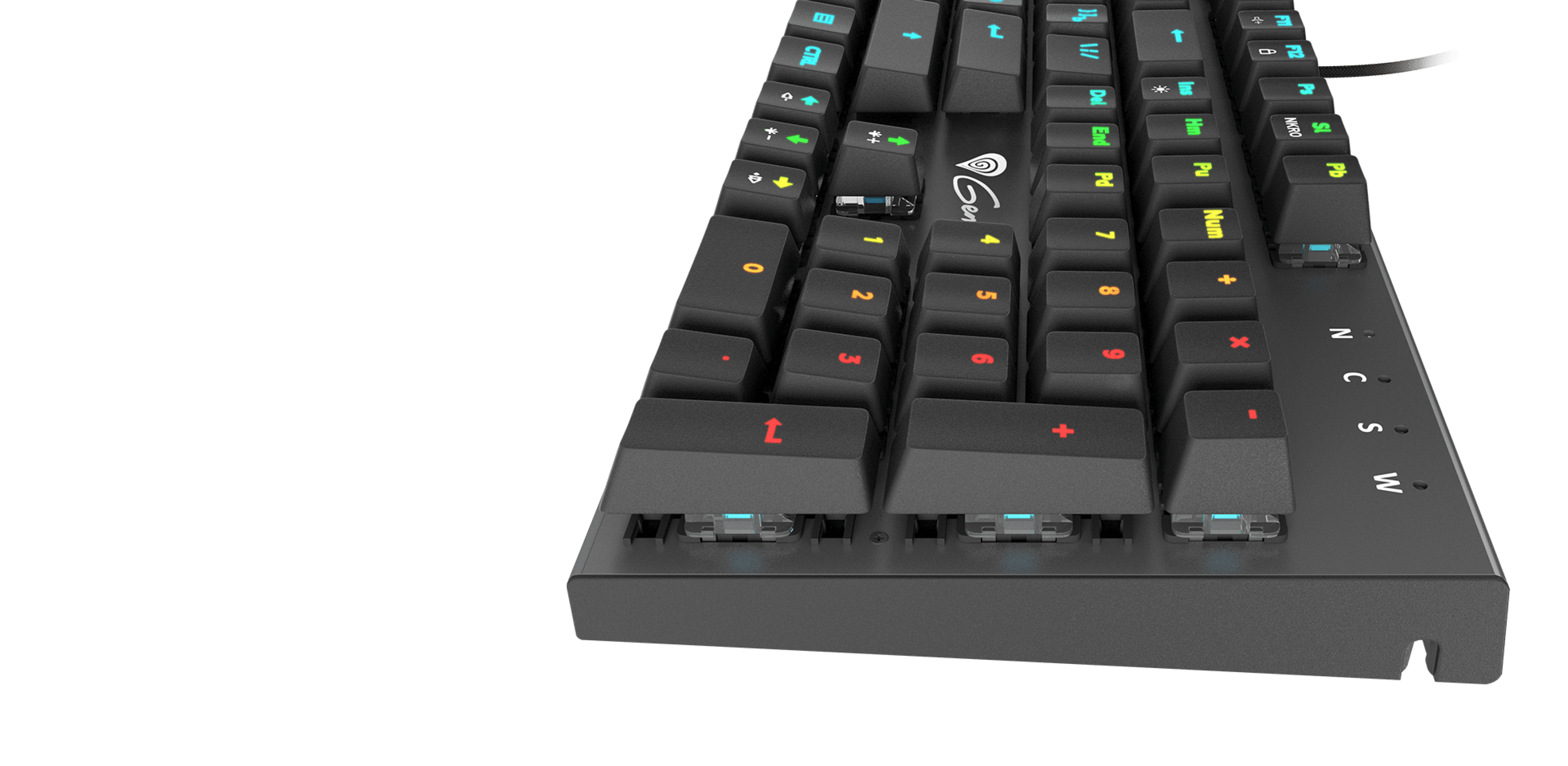 A gaming keyboard featuring colorful backlit keys and a sleek design with a cable.