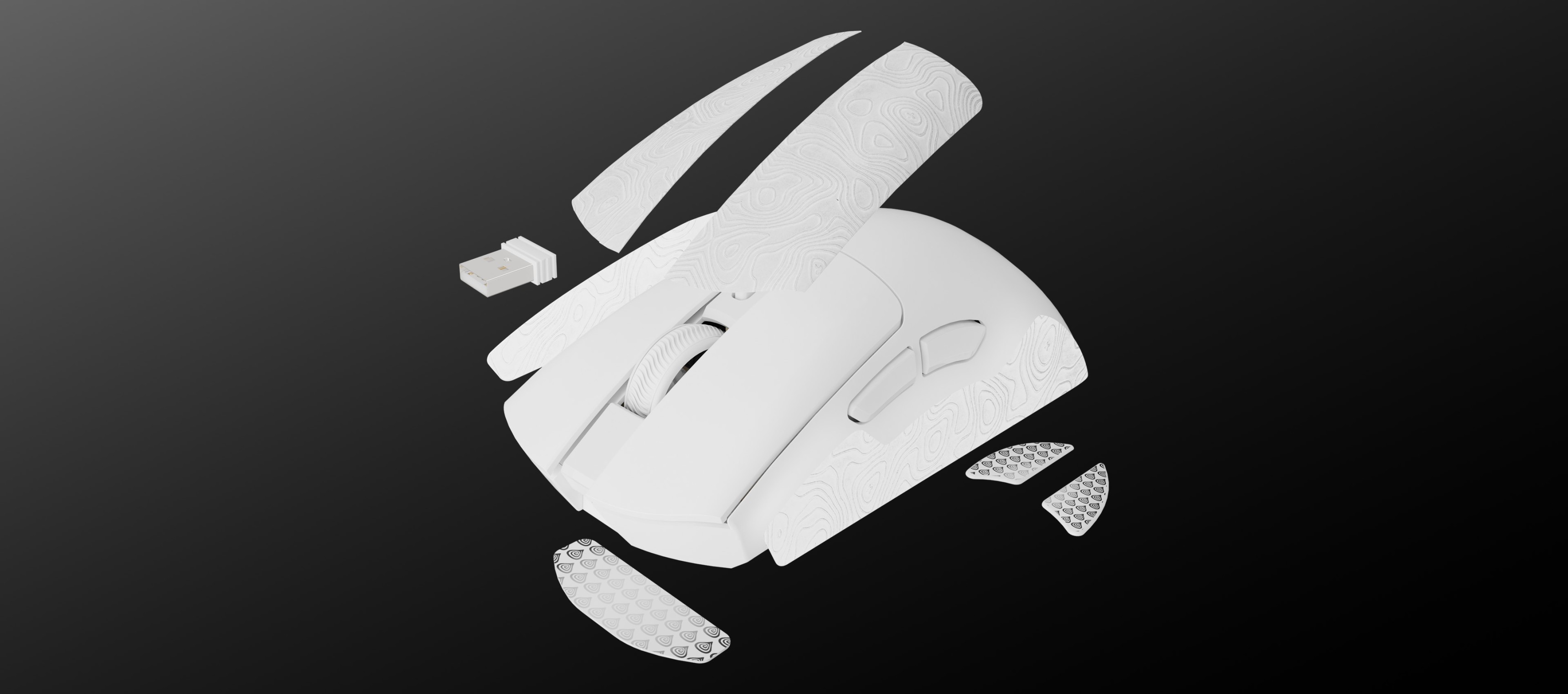 A white computer mouse with various removable parts spread around it on a dark background.