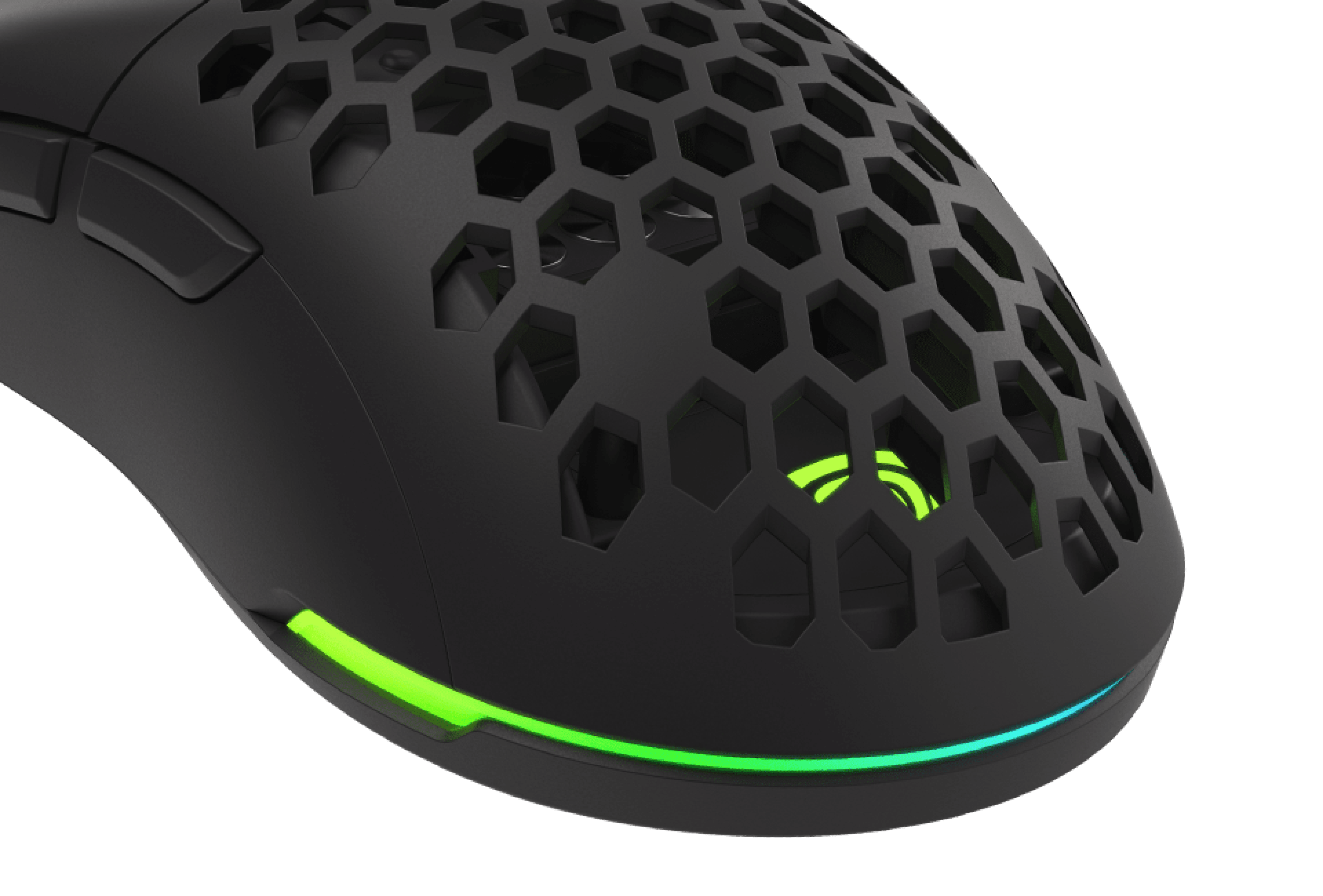Black gaming mouse with a honeycomb design, RGB lighting, and adjustable DPI up to 8000. Features additional side buttons