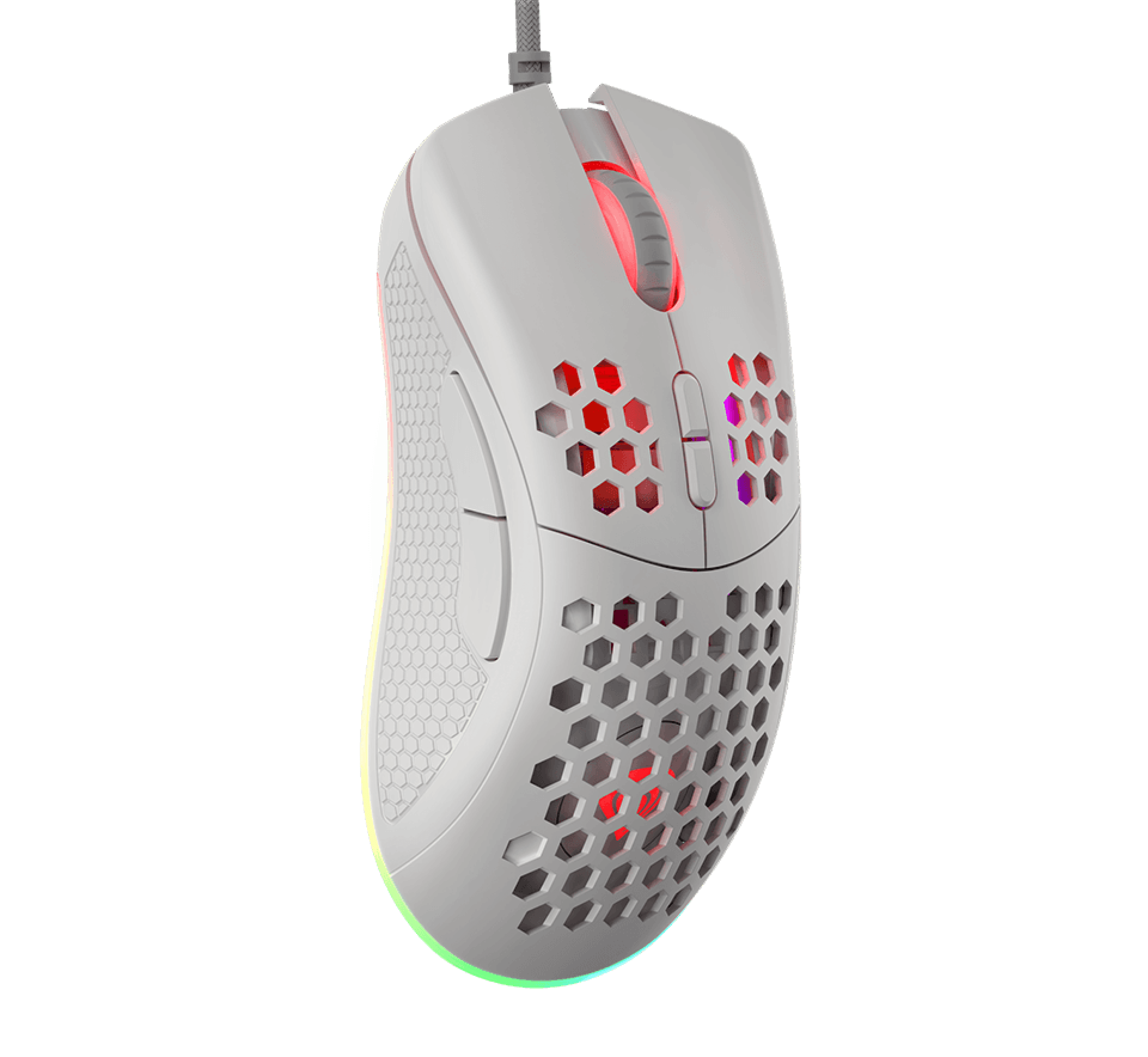 Gaming mouse with a light tracking device and colorful glowing accents.