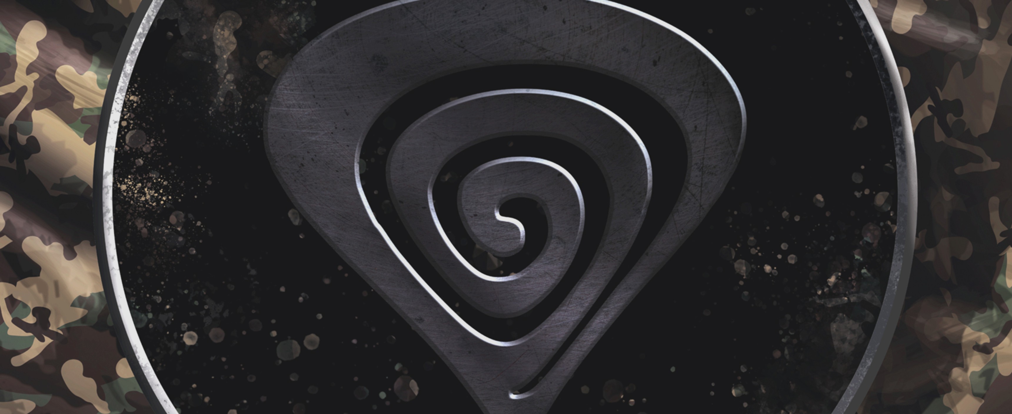 Camouflage-patterned protective mat for the Genesis Tellur 500 chair, featuring a spiral logo design