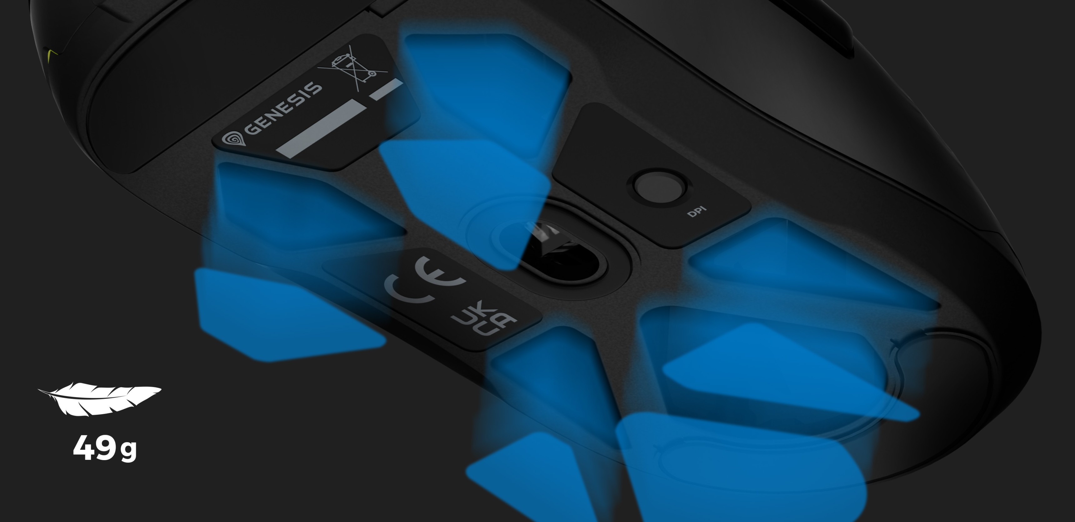 Black Genesis Krypton 660 gaming mouse featuring RGB lighting, 12000 DPI, and a lightweight design with blue highlighted feet