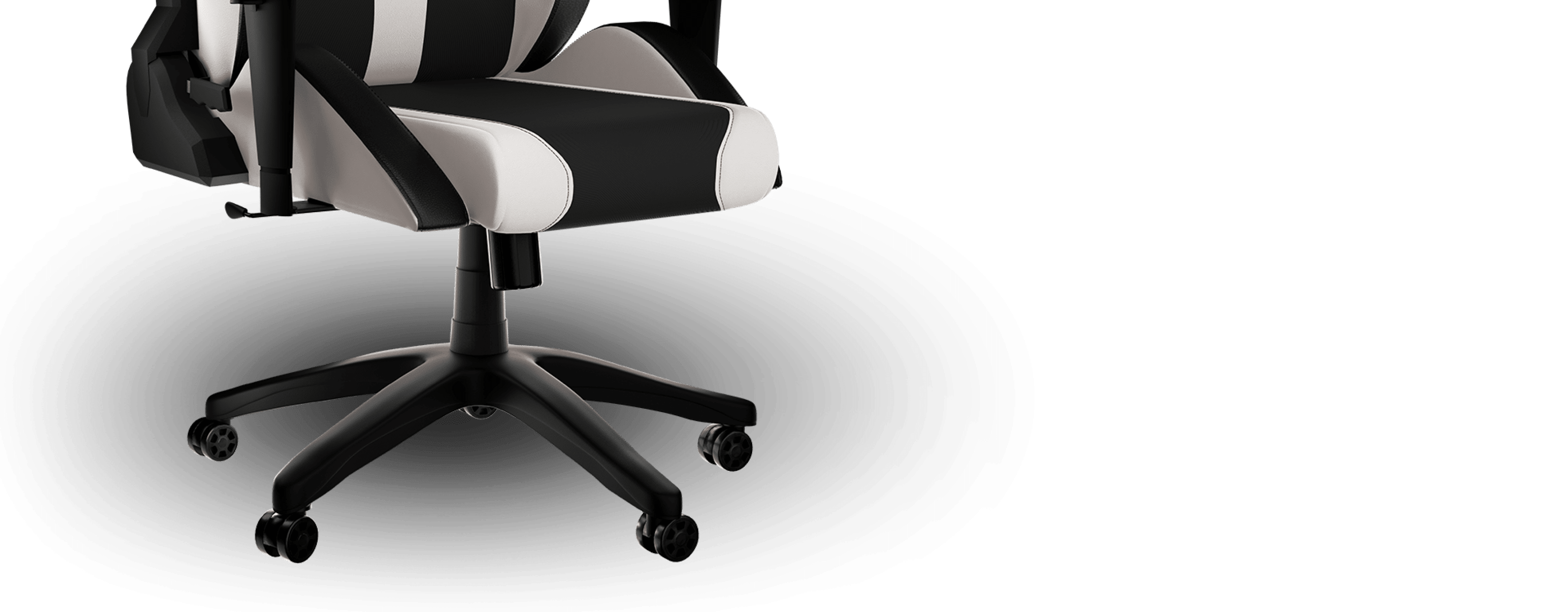 Gaming chair with black and white stripes and a wheeled base for easy movement.