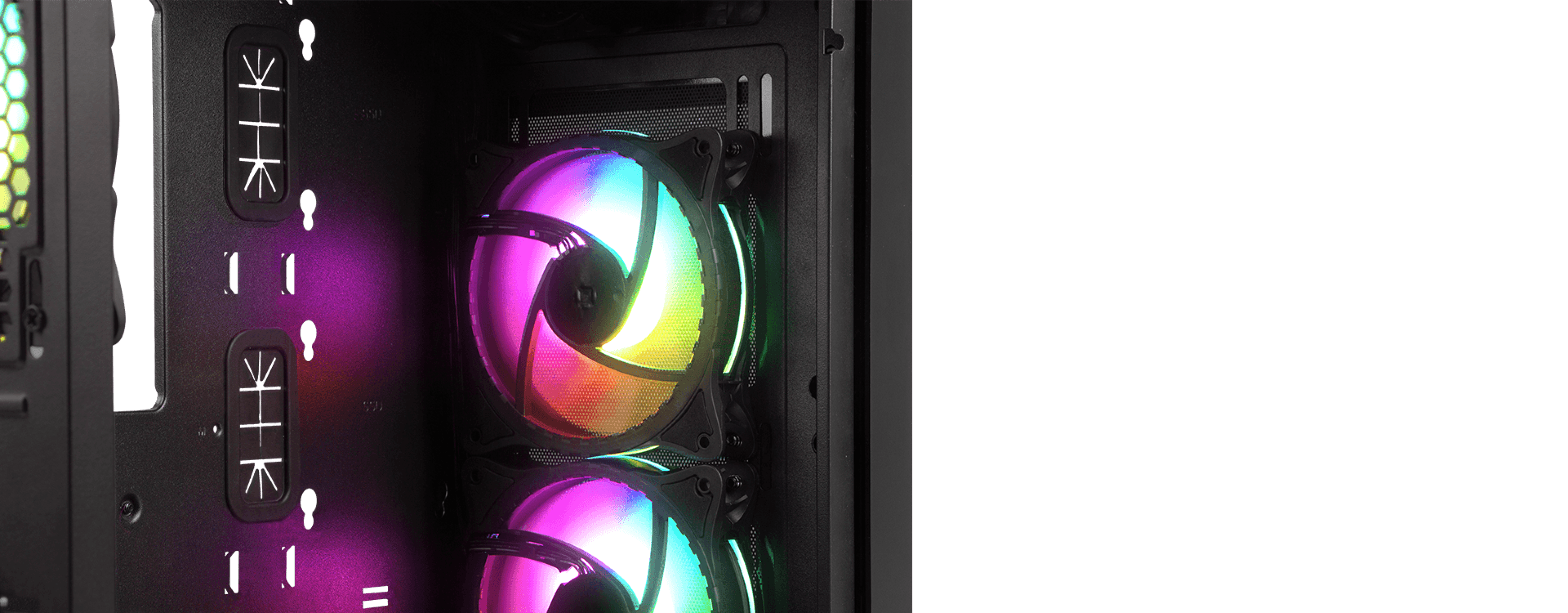 Computer case with two colorful cooling fans and various control buttons visible.