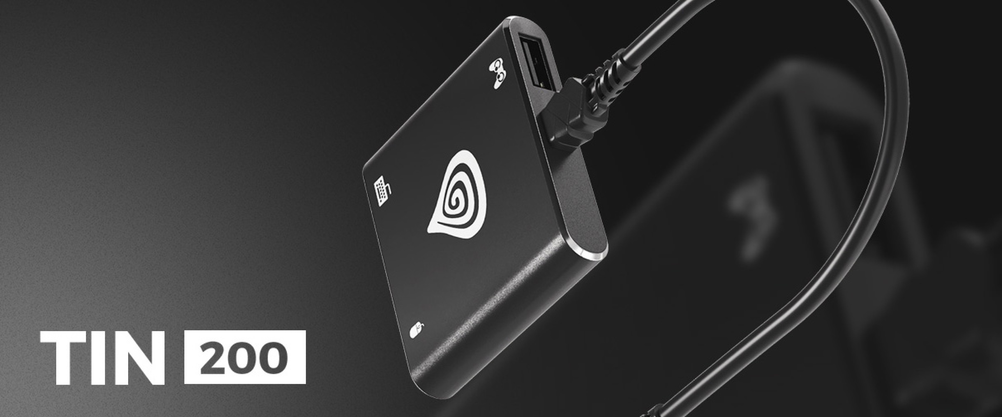 Compact device with a logo and a connection cable attached to it.