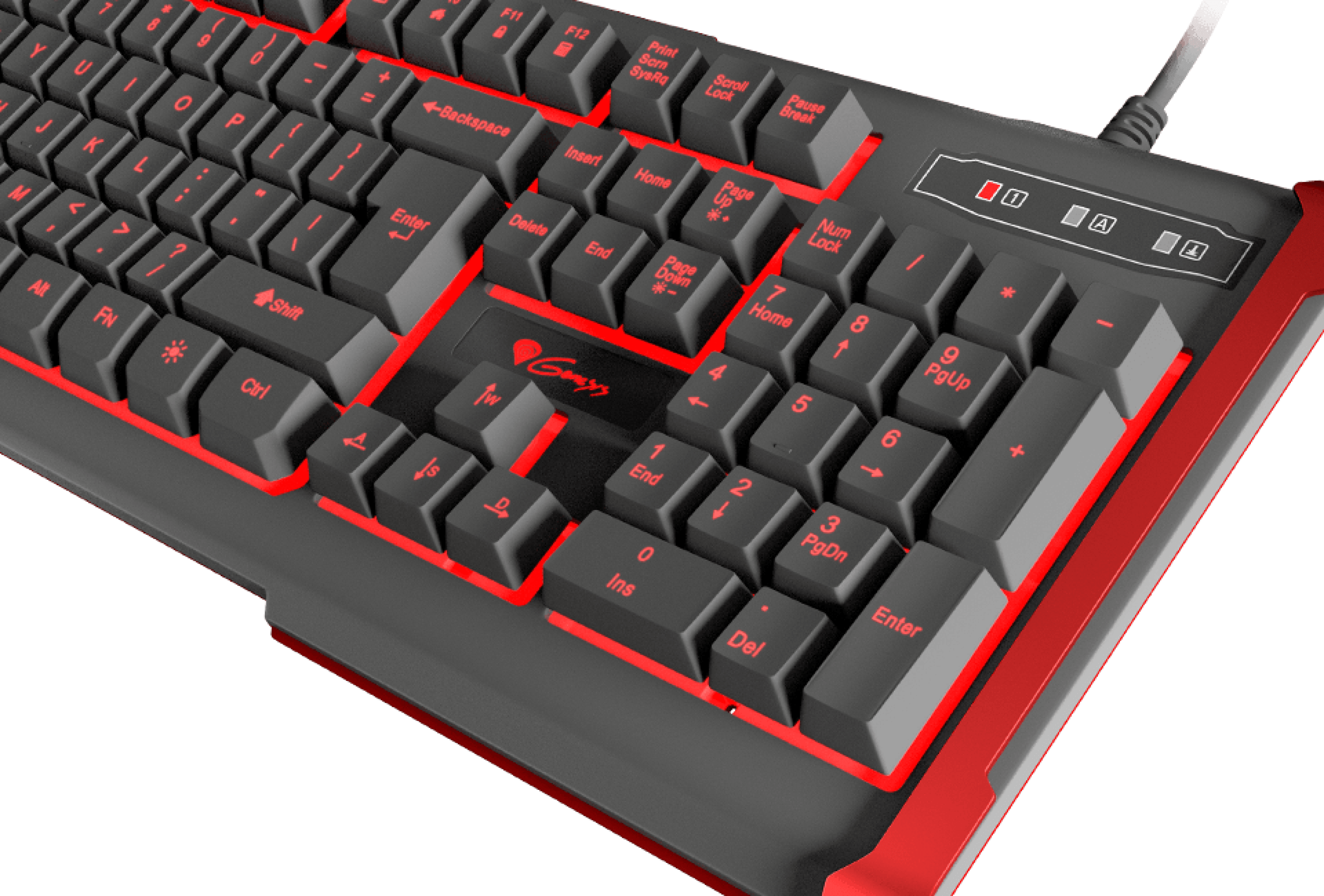Keyboard with black keys and red accents, featuring various functional keys.