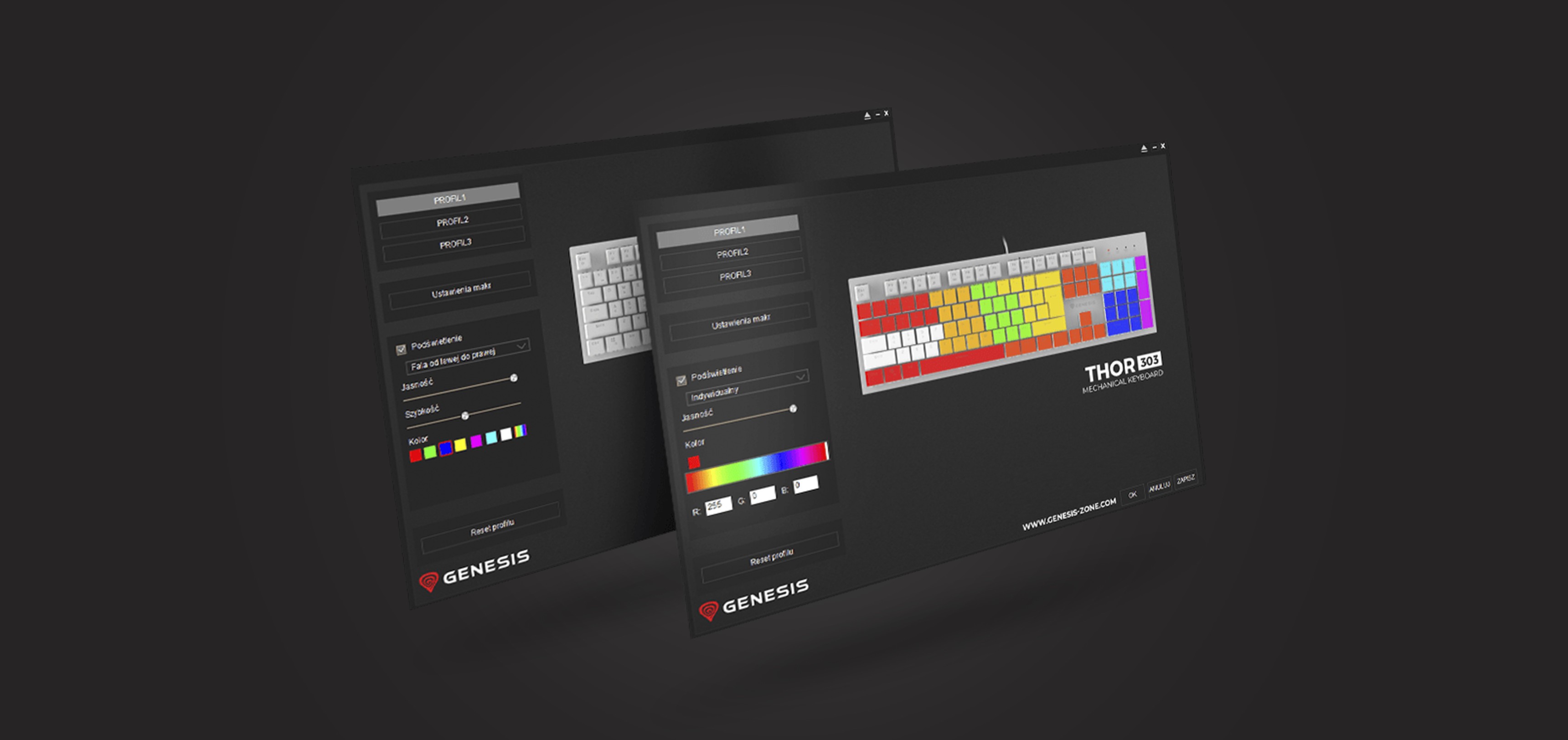 RGB mechanical keyboard interface showcasing customizable lighting options and key layout for Genesis Thor 303