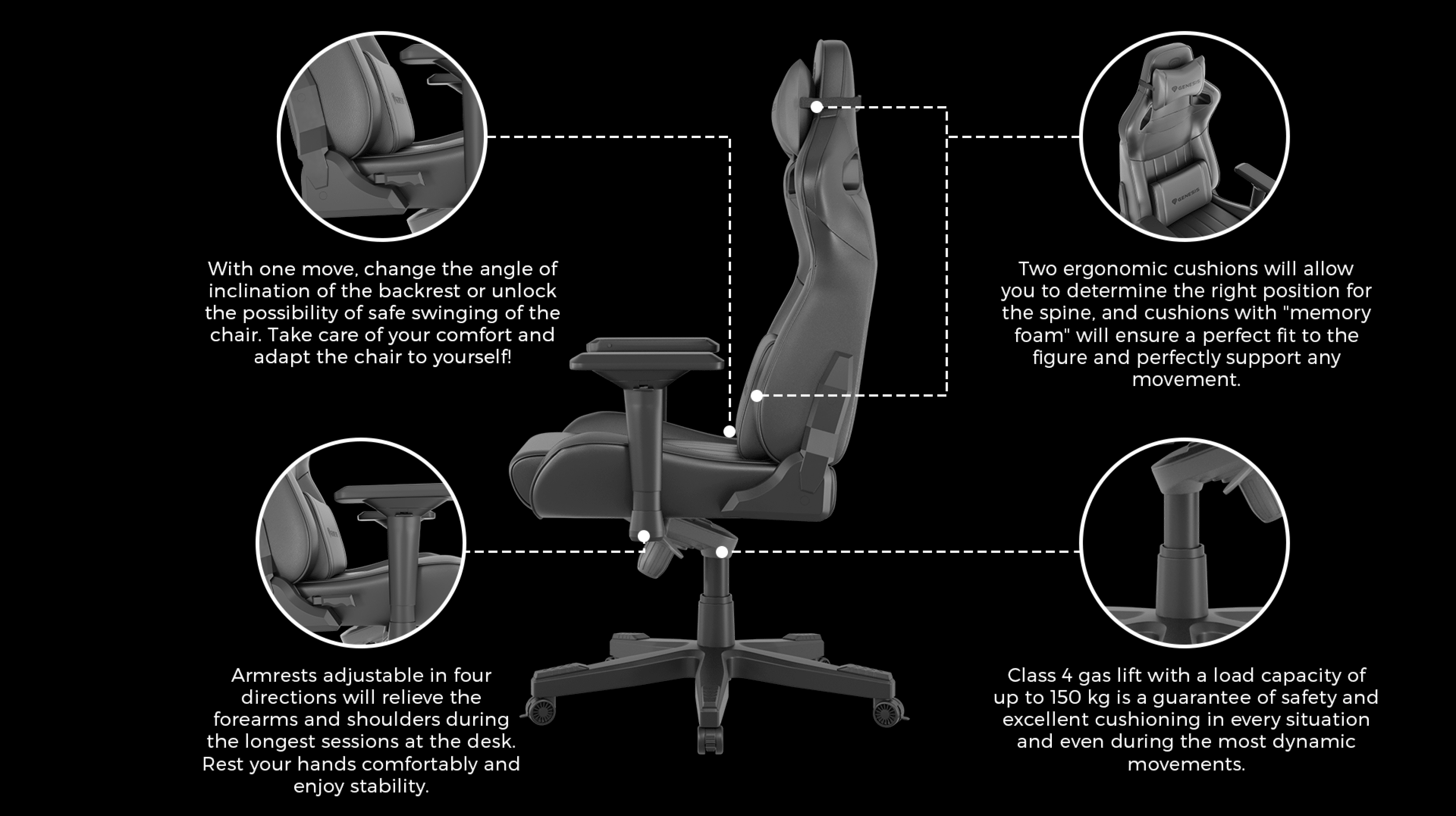 Black gaming chair with adjustable features, ergonomic cushions, and a sturdy base designed for comfort and support during gameplay