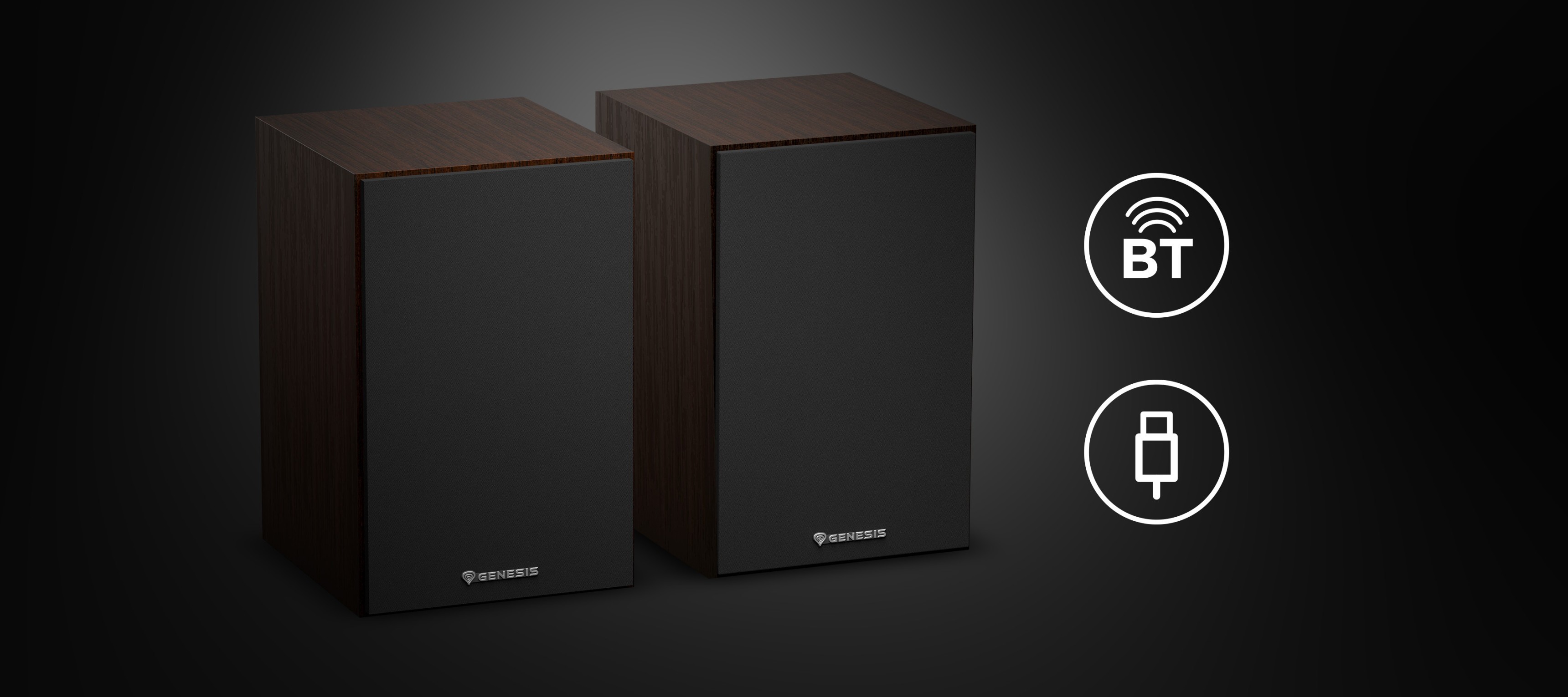 Brown Genesis Arsen 302BT 2.0 speakers with a sleek design, featuring Bluetooth connectivity and USB input